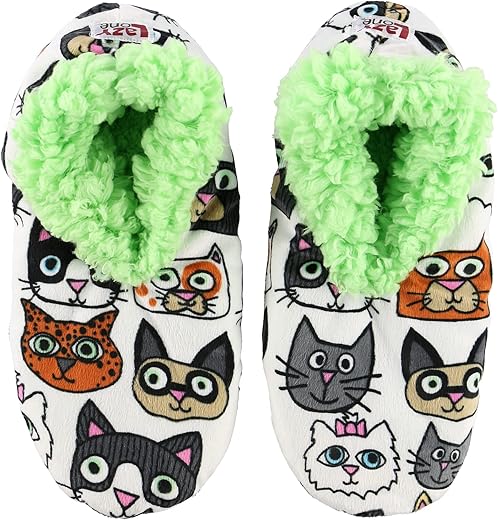 Lazy One Fuzzy Feet Slippers for Women, Cute Fleece-Lined House Slippers, Cats, Additude, Non-Skid