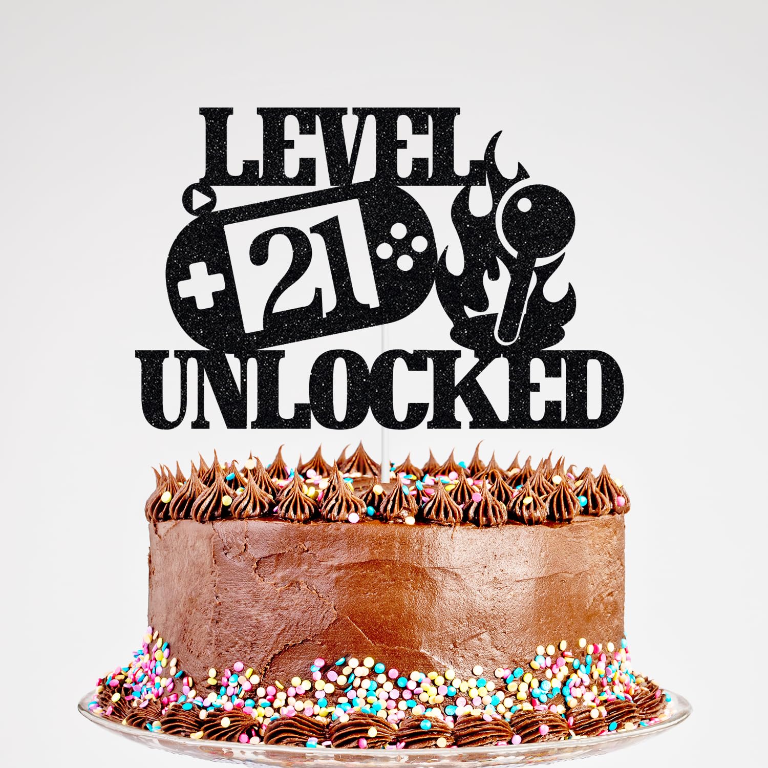 Glitter Level 21 Unlocked Cake Topper - Level Up Happy 21st Birthday Cake Topper, Game Theme Birthday Party Decorations Black