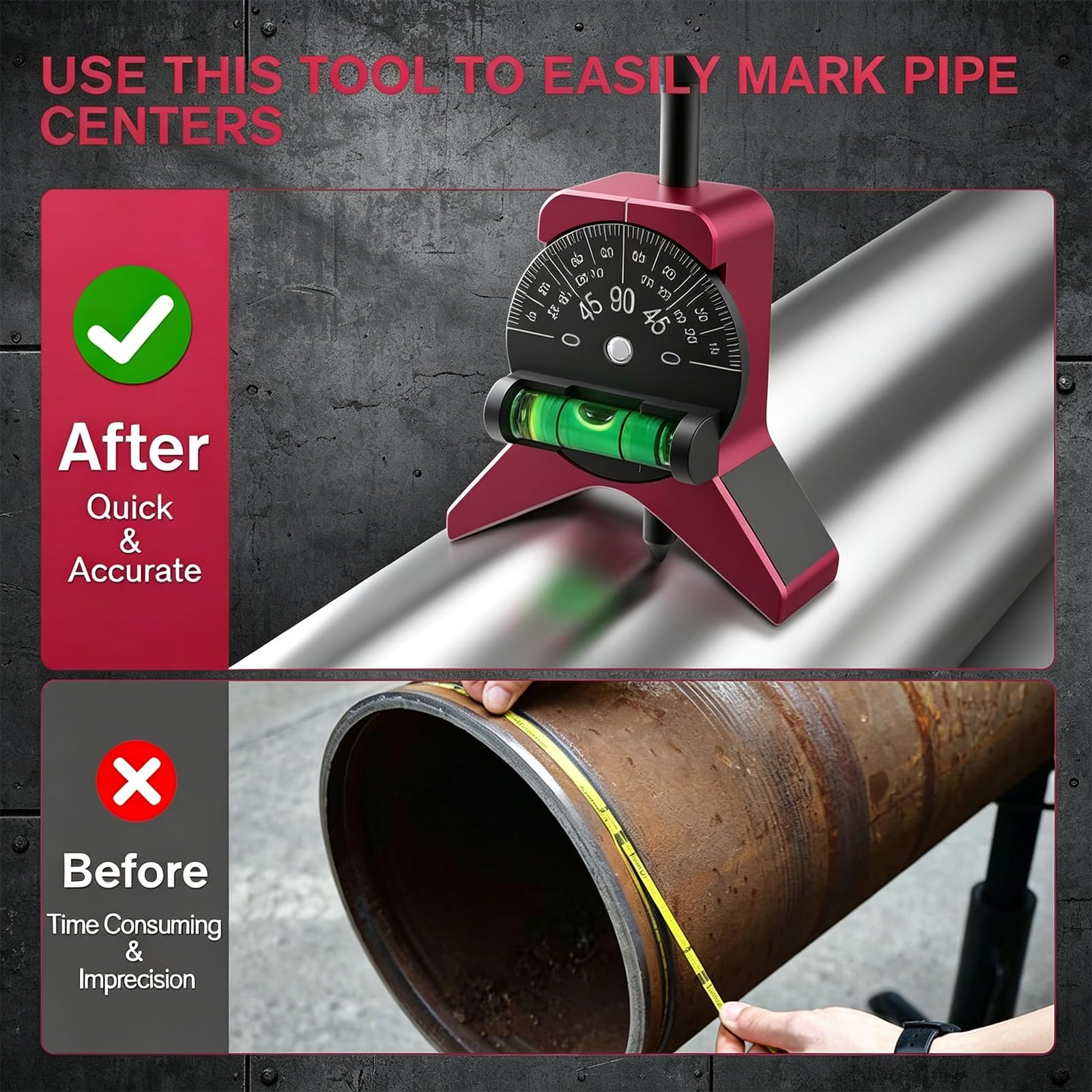 Marcador de tubos con pantalla de burbujas ajustable y agarre ergonómico para medición de tubos de metal de 1.5 a 6 pulgadas