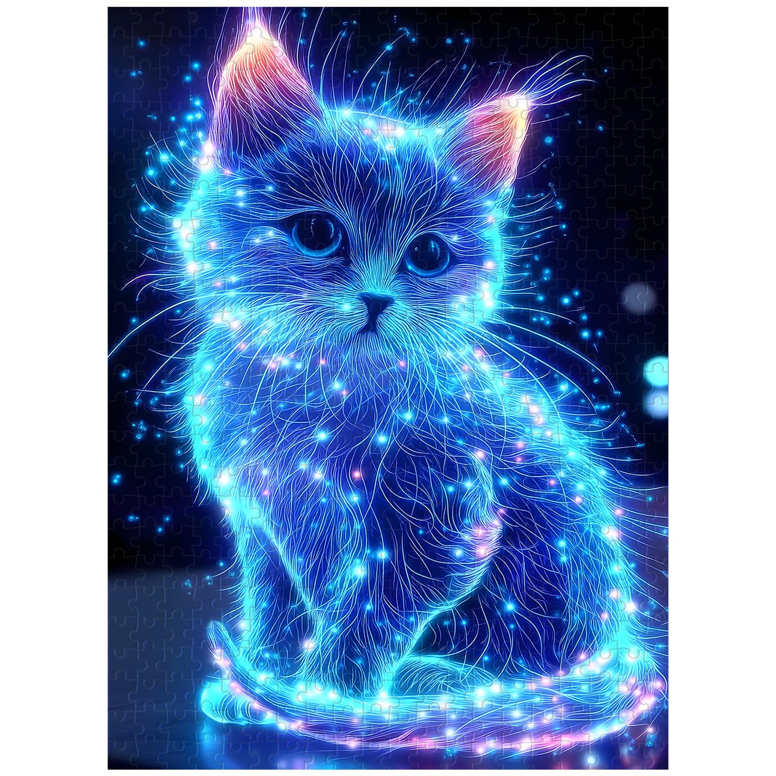 Great Jigsaw Puzzles for Adults 500 Pieces Animal Cute Blue Glowing Cat Wooden Challenging Puzzles Gift for Friends Family Home Decoration Puzzle