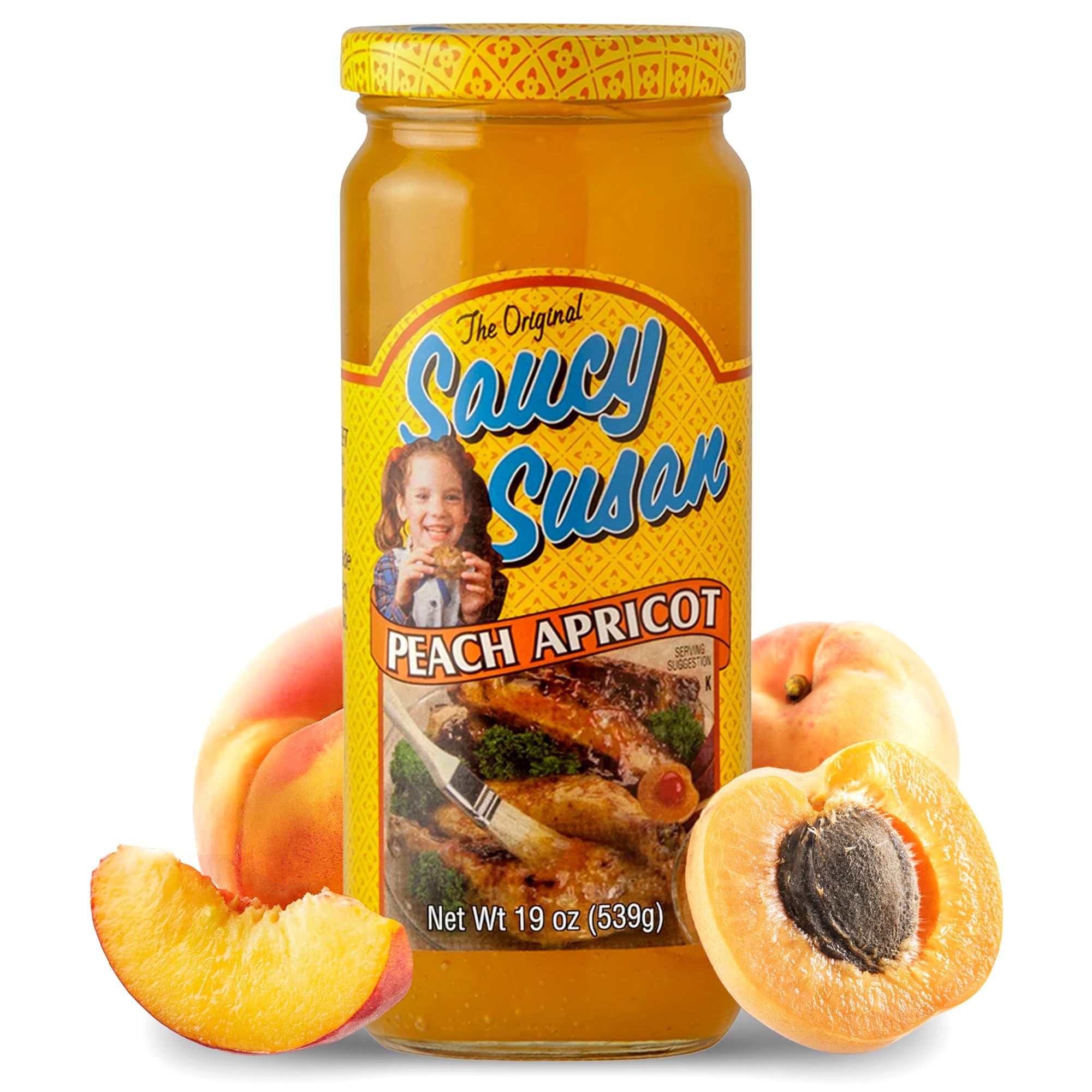 Saucy Susan Peach Apricot ORIGINAL Sauce 19 oz Jar – Sweet & tangy blend of apricots, peaches & spices; ideal for glazing, dipping, marinating or cooking; family-size pantry staple.