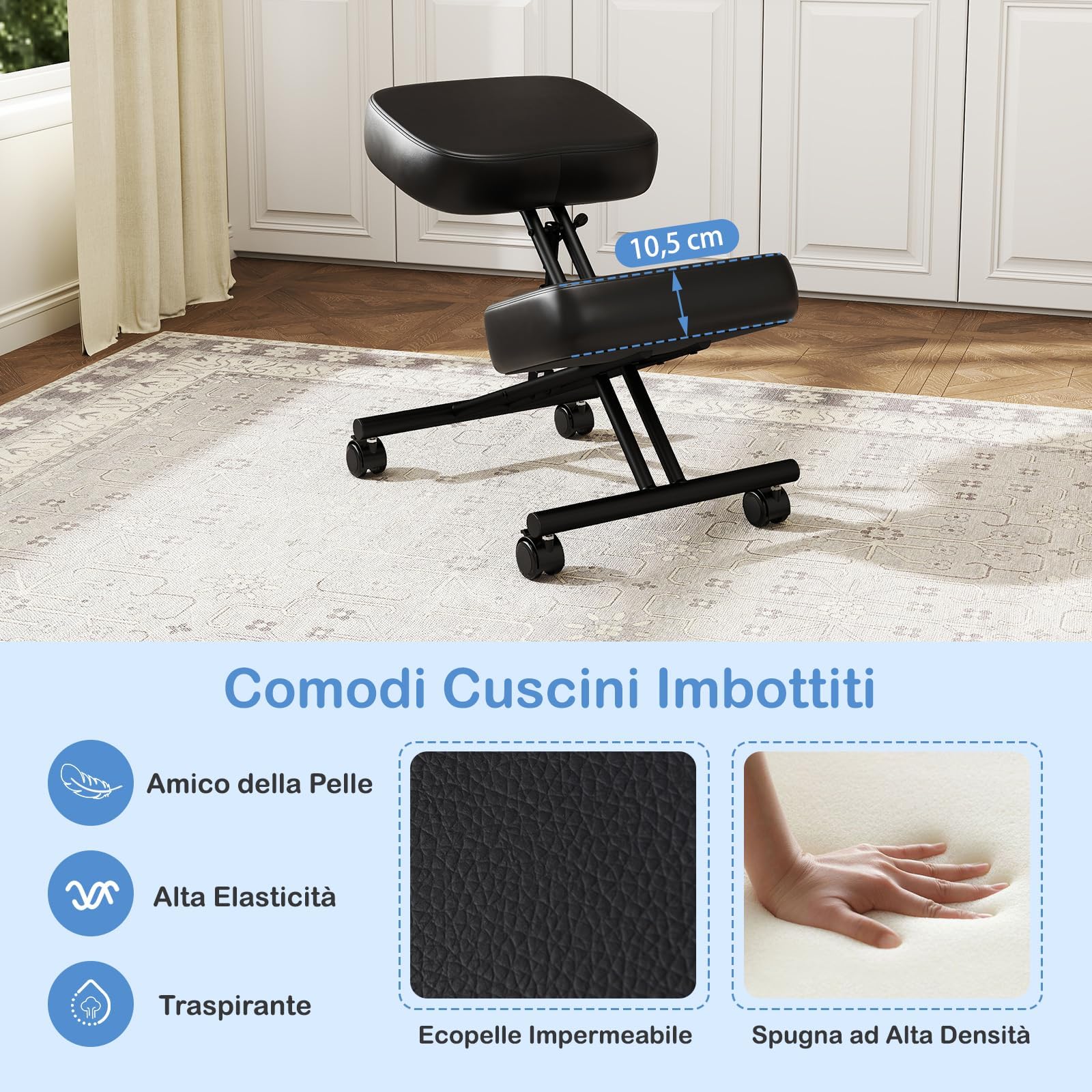 GIANTEX Silla de Rodillas Ergonómica para Corrección Postural, Taburete Acolchado con Altura Ajustable y 4 Ruedas Bloqueables, Silla de Escritorio para Oficina, Estudio