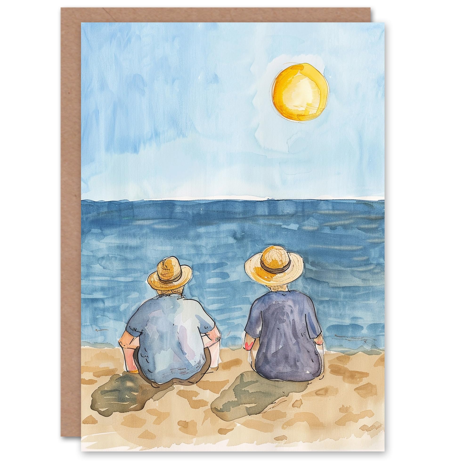 Artery8 Elderly Couple Sitting At The Beach Watercolour Blank For Him Or Her Art Birthday Card