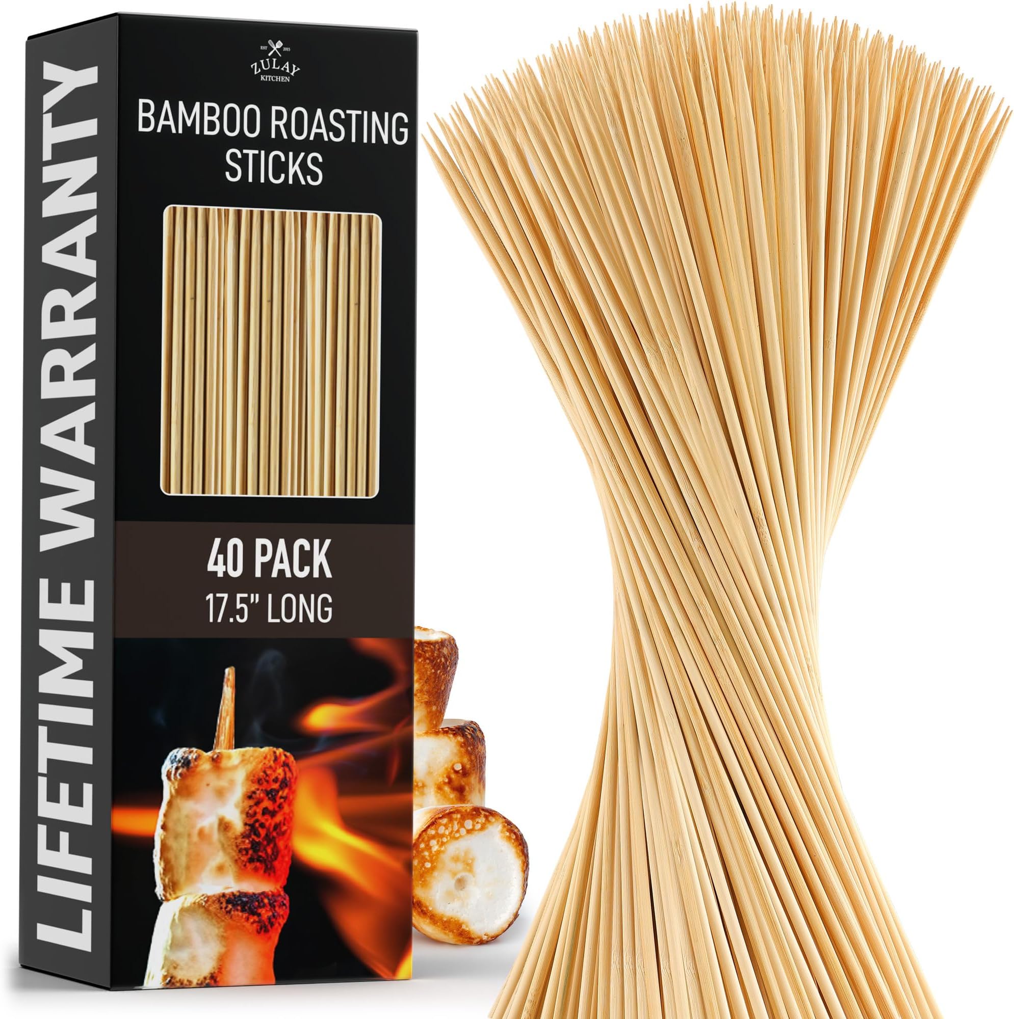 Zulay Kitchen Authentic Bamboo Marshmallow Smores Sticks - 40 Extra Long 17.5" Roasting Skewers - 5mm Heavy-Duty Bamboo - Thick Smore Sticks - Ideal for Grilling & Camping