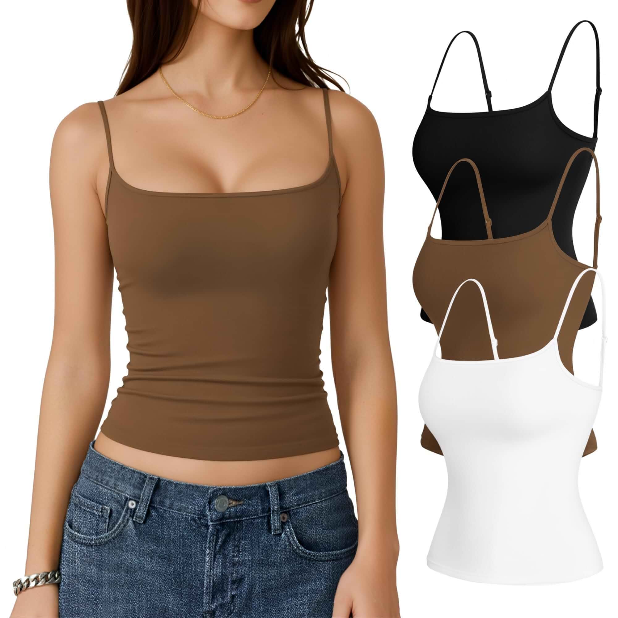 Womens 3 Pack Cami Tank Tops Adjustable Spaghetti Straps Shirts Square Neck Top, Basic Sleeveless, Slim Fit, Y2k Going Out Clothing, Chic Layering Base, Vacation, Daily Wear