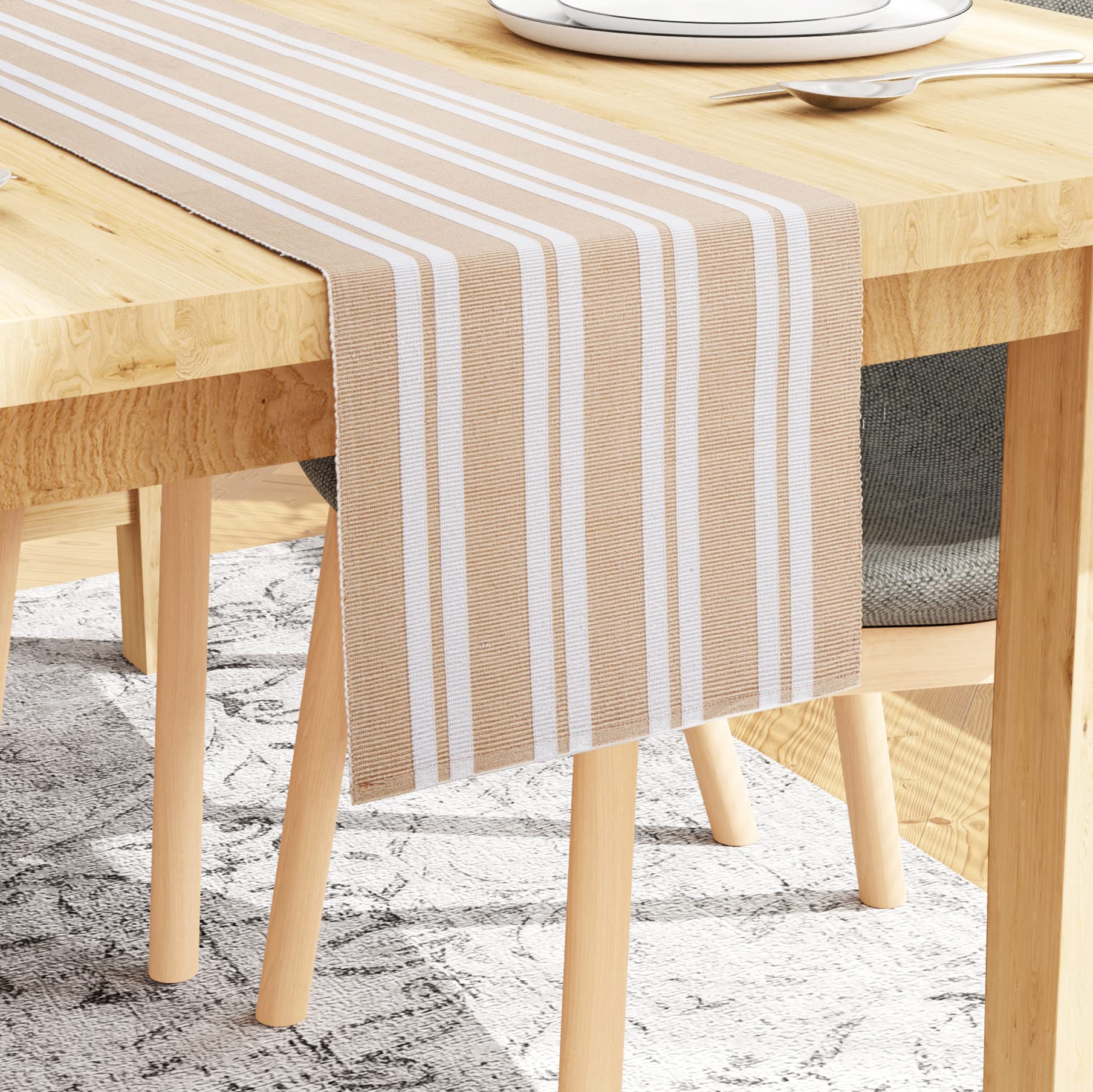 Encasa XO Dining Table Runner | Yarn Dyed Fine Ribbed Cotton | Size 32x150 cm | Franca Beige Stripes | Machine Washable