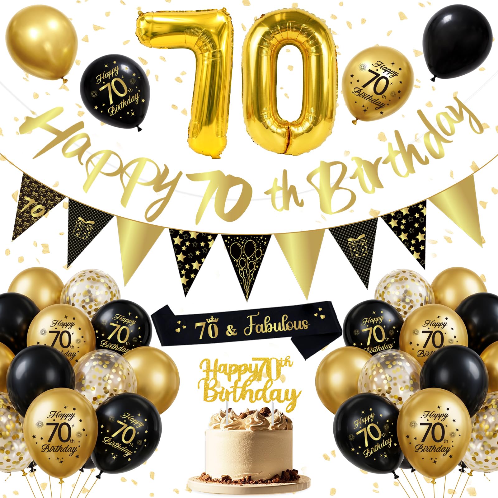70th Birthday Decorations for Men Women, Black and Gold Birthday Balloons with Number 70 Foil Balloons, Happy 70th Birthday Banner, Bunting, Cake Topper, Sash, Black Gold Birthday Party Decoration
