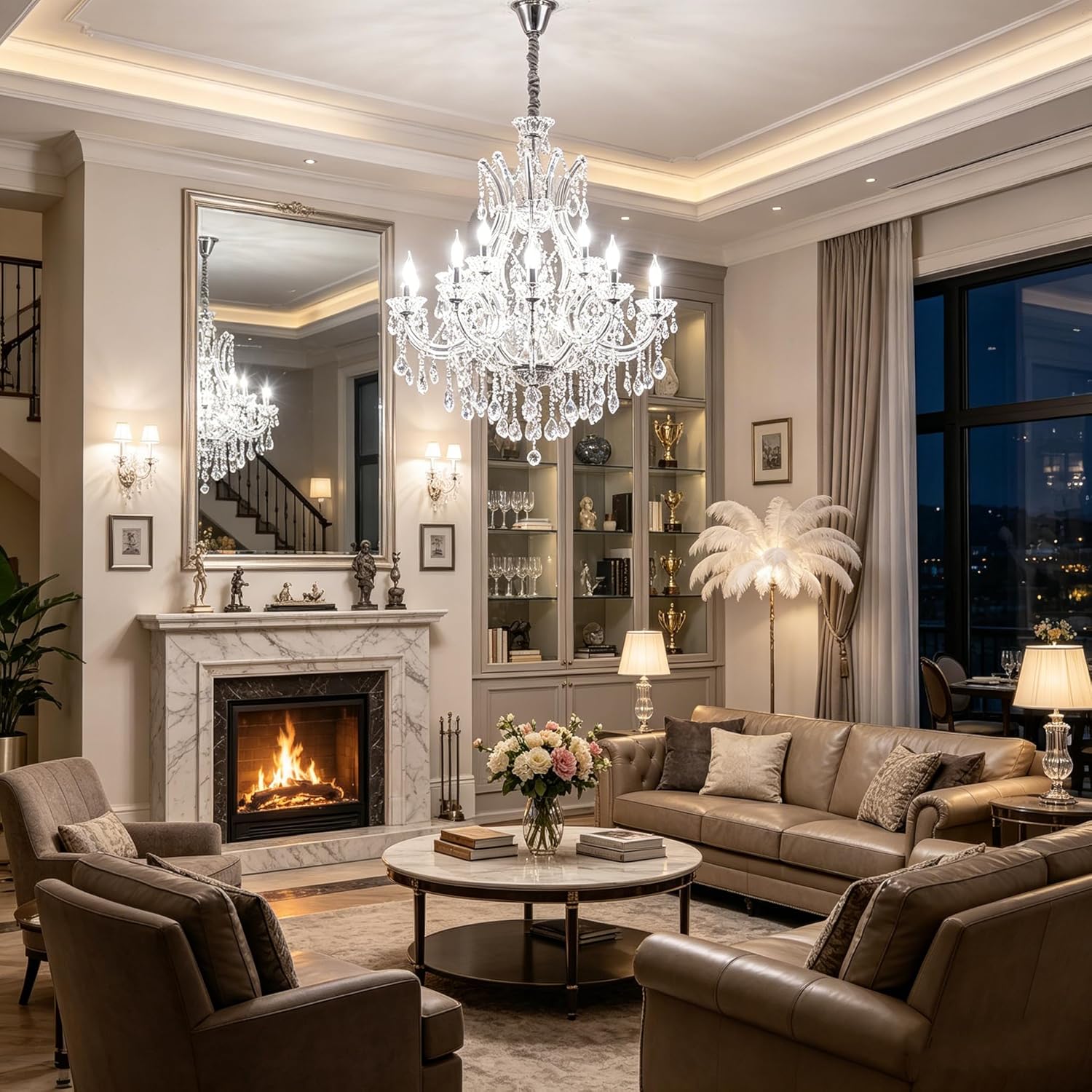 Transparent Crystal Chandelier 16-Light Modern K9 Crystal Chandelier Light Fixtures 33.5in Luxurious Ceiling Hanging Light Fixtures for Living Room, Dinning Room Staircase Entryway(16 Lights 2-Tier)