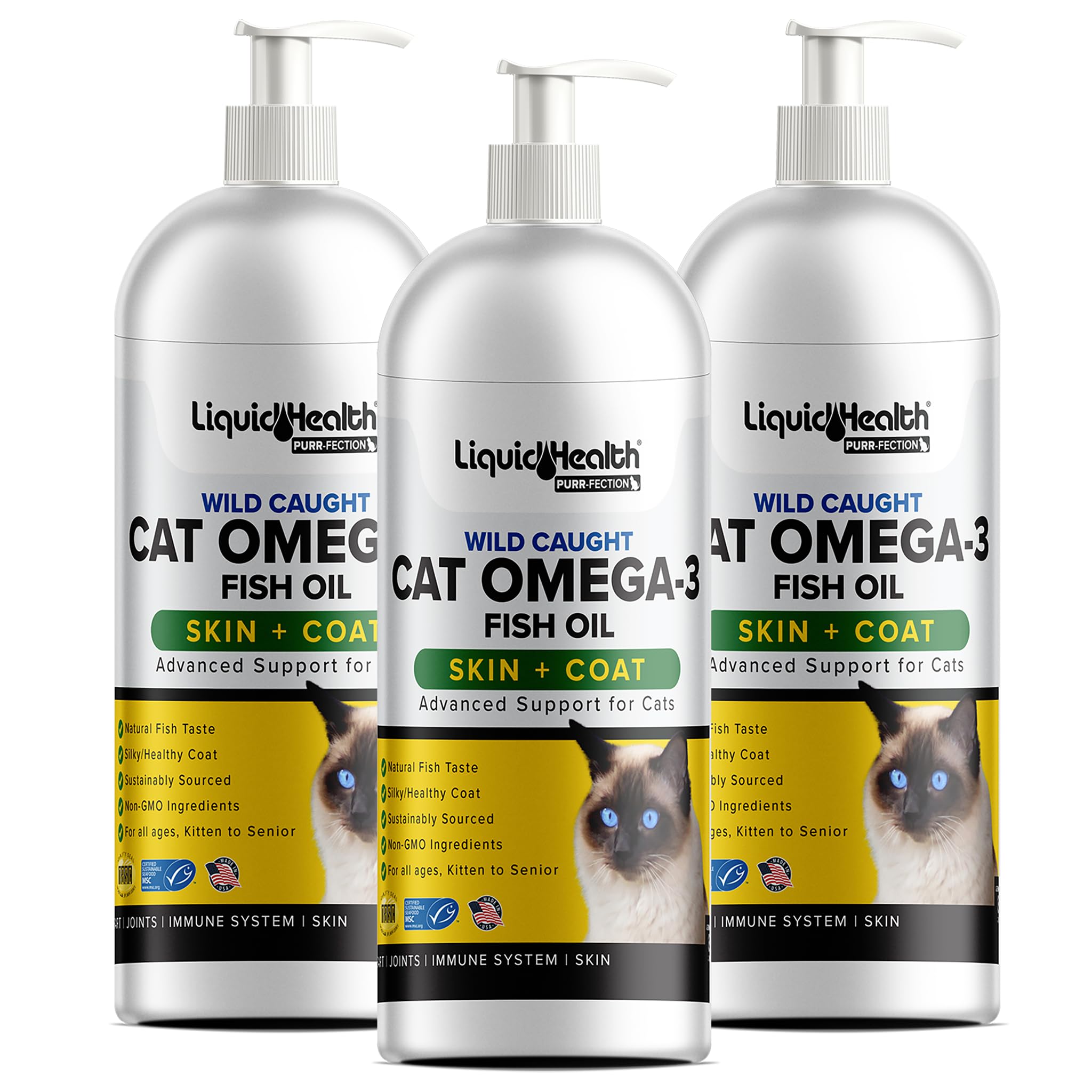 Liquid Health Pets Wild Caught Omega 3 Fish Oil for Cats - Liquid Omega 3 Supplement for Cats with EPA+DPA+DHA - Reduce Itching, Support Joint, Immunity, Brain, Heart Health - Made in the USA (3 Pack)