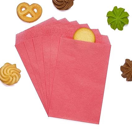 Rose Pink Flat Greaseproof Paper Cookie Bags 4x6 for Bakery Treat Candies Dessert Chocolate Soap Gifts Wedding Invitation Party Favor, Pack of 100 by Quotidian (4'' x 6'')