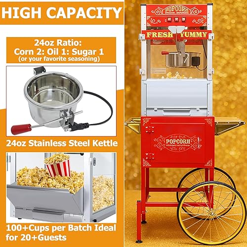 Miniatura 8 de Máquina comercial de palomitas de maíz con carrito y ruedas, máquina para hacer palomitas de maíz con hervidor de acero inoxidable de 24 onzas,
