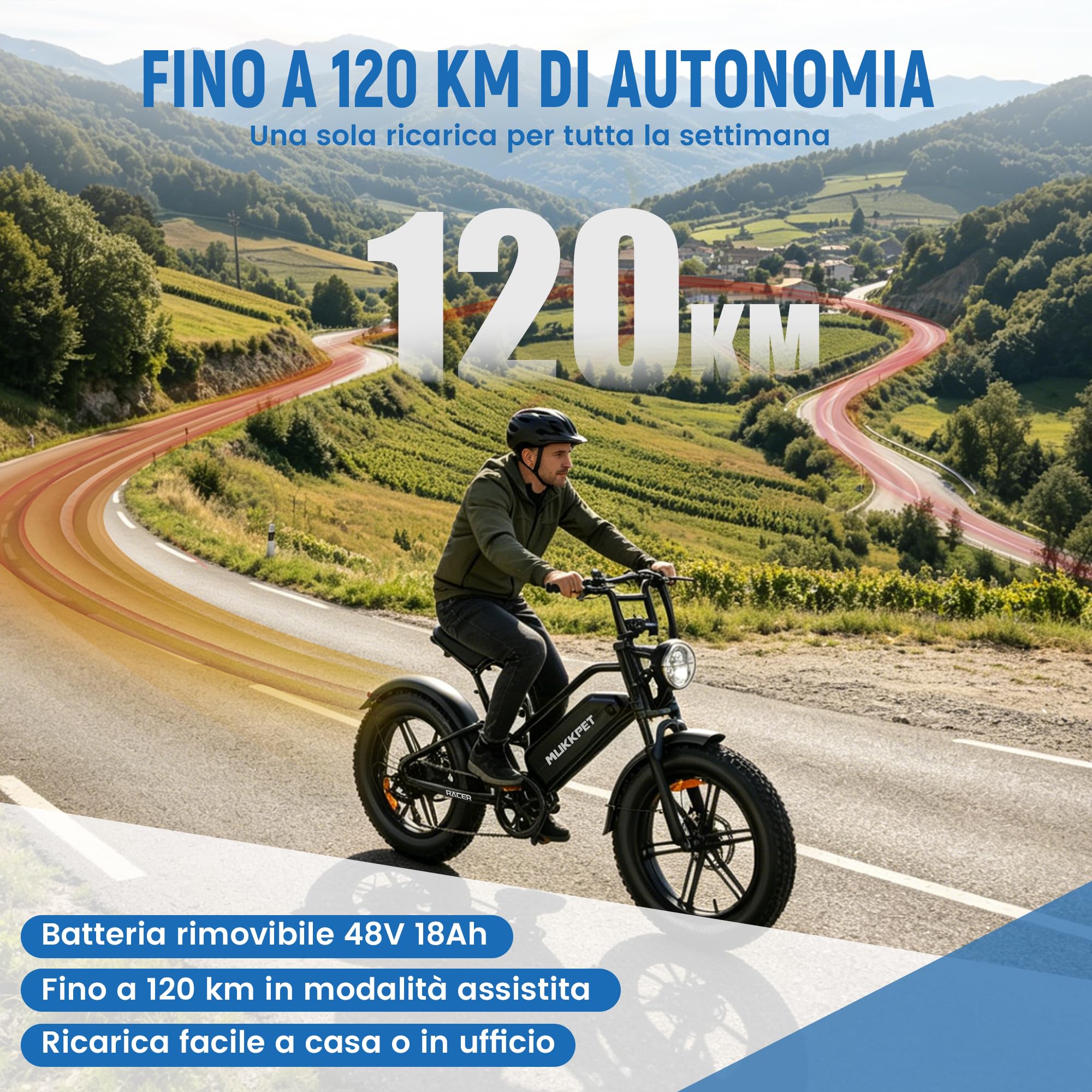 Mukkpet Racer, bicicletta elettrica da 48 V, 18 Ah, autonomia 120 km, bici elettrica per adulti, velocità legale 25 km/h, fuoristrada, doppia sospensione, 7 velocità, 20" x 4.0 per