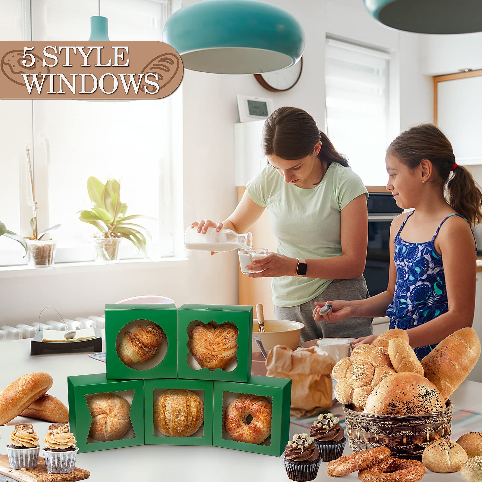 KPOSIYA 65 cajas de panadería con ventana de 6 x 6 x 3 pulgadas, 5 cajas de galletas pequeñas para dulces, postres, pasteles, donas, fiesta de cumpleaños, boda (verde)