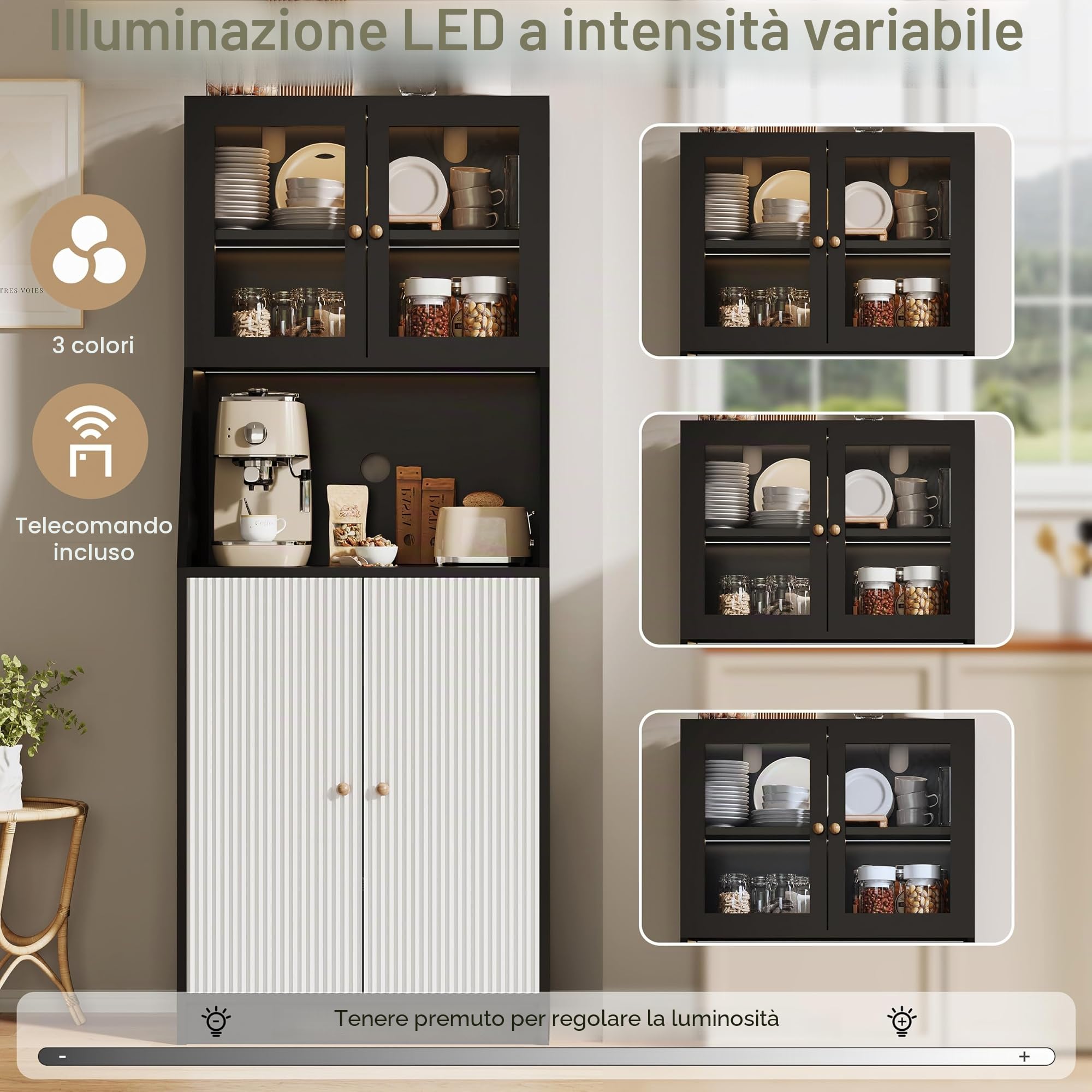 Credenza alta cucina con LED, mobile da cucina con piano di lavoro, armadio da cucina con ripiani regolabili e armadi, credenze, vetrina per sala da pranzo (nero)