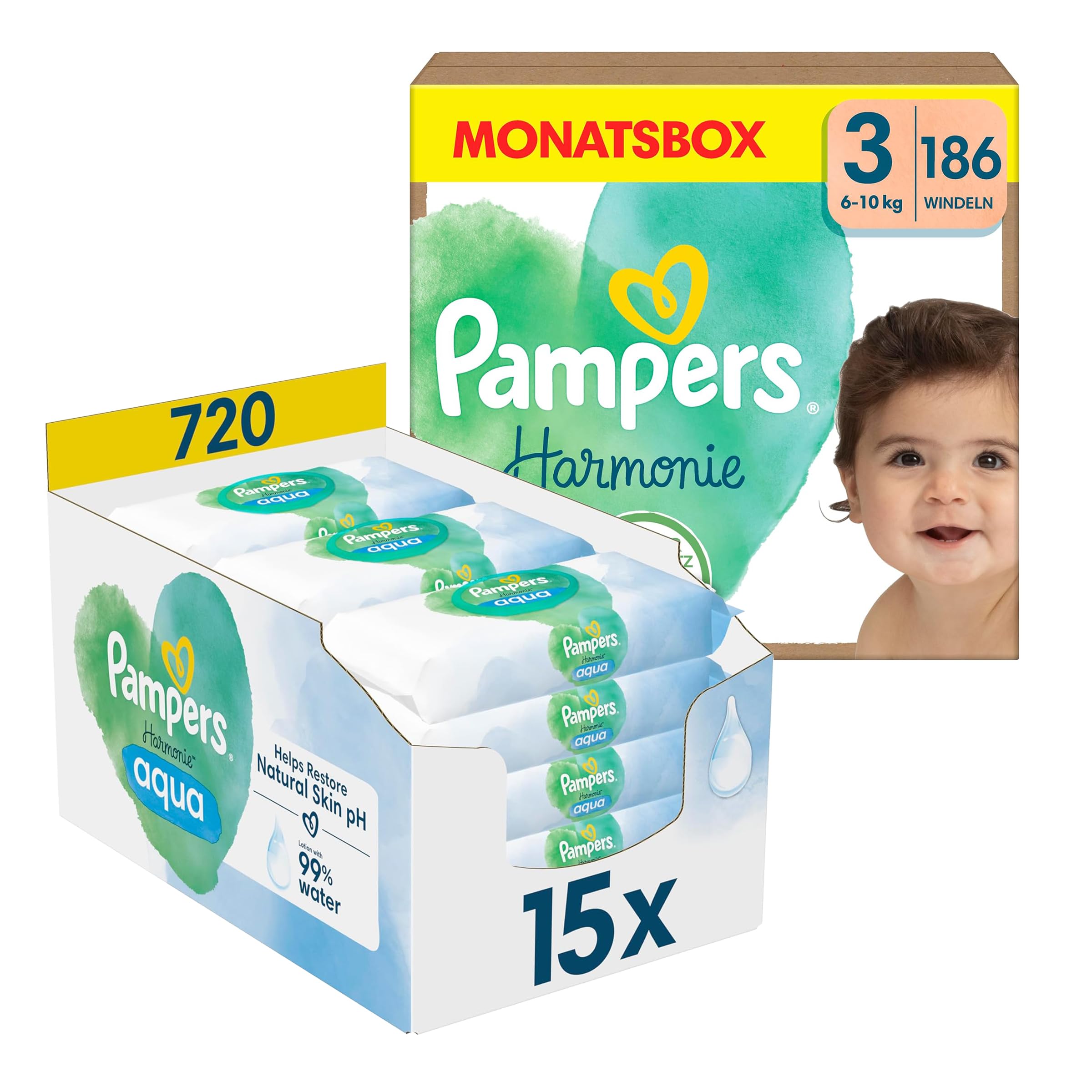 Pampers Harmonie Aqua Baby Set mit Windeln Größe 3 (6-10kg, 186 Stück), MONATSBOX, und Aqua Baby Feuchttücher, 720 Tücher (15 x 48), Baby Erstausstattung