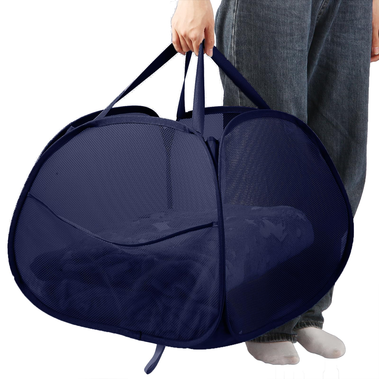 Collapsible Laundry Baskets, 90L Large Foldable Laundry Basket, Durable Mesh Pop Up Hampers for Laundry, Dirty Clothes Laundry Hamper for Bedroom, Bathroom, Dorm, Laundry Room, Travel or Camping Navy