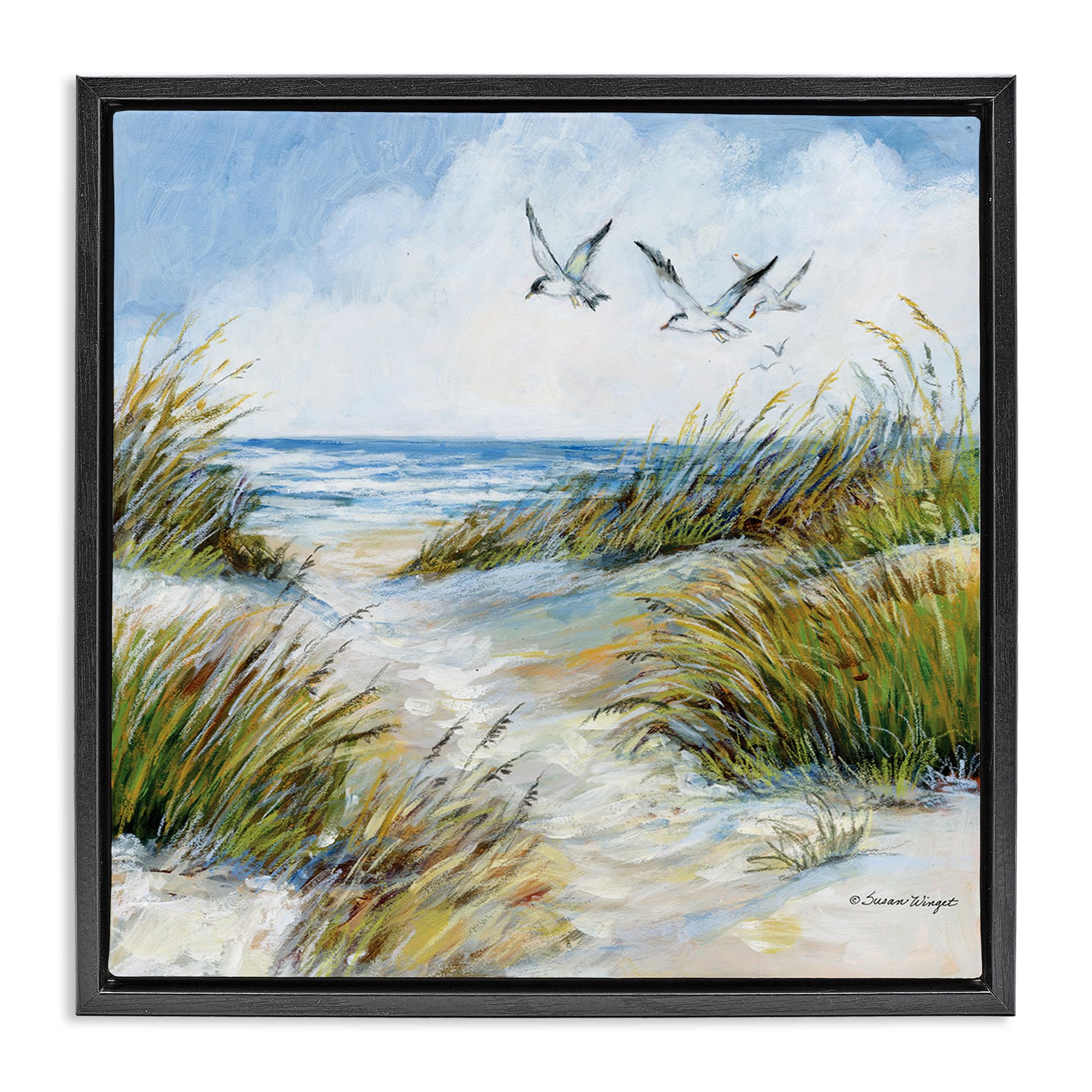 Stupell Industries Beach Dunes Seagulls In Flight 'Beach Path Seagulls Overhead', Floating Frame Canvas Art, Black, 18 X 18 Inches, Easy To Hang And Sturdy, Made In Usa, By Susan Winget