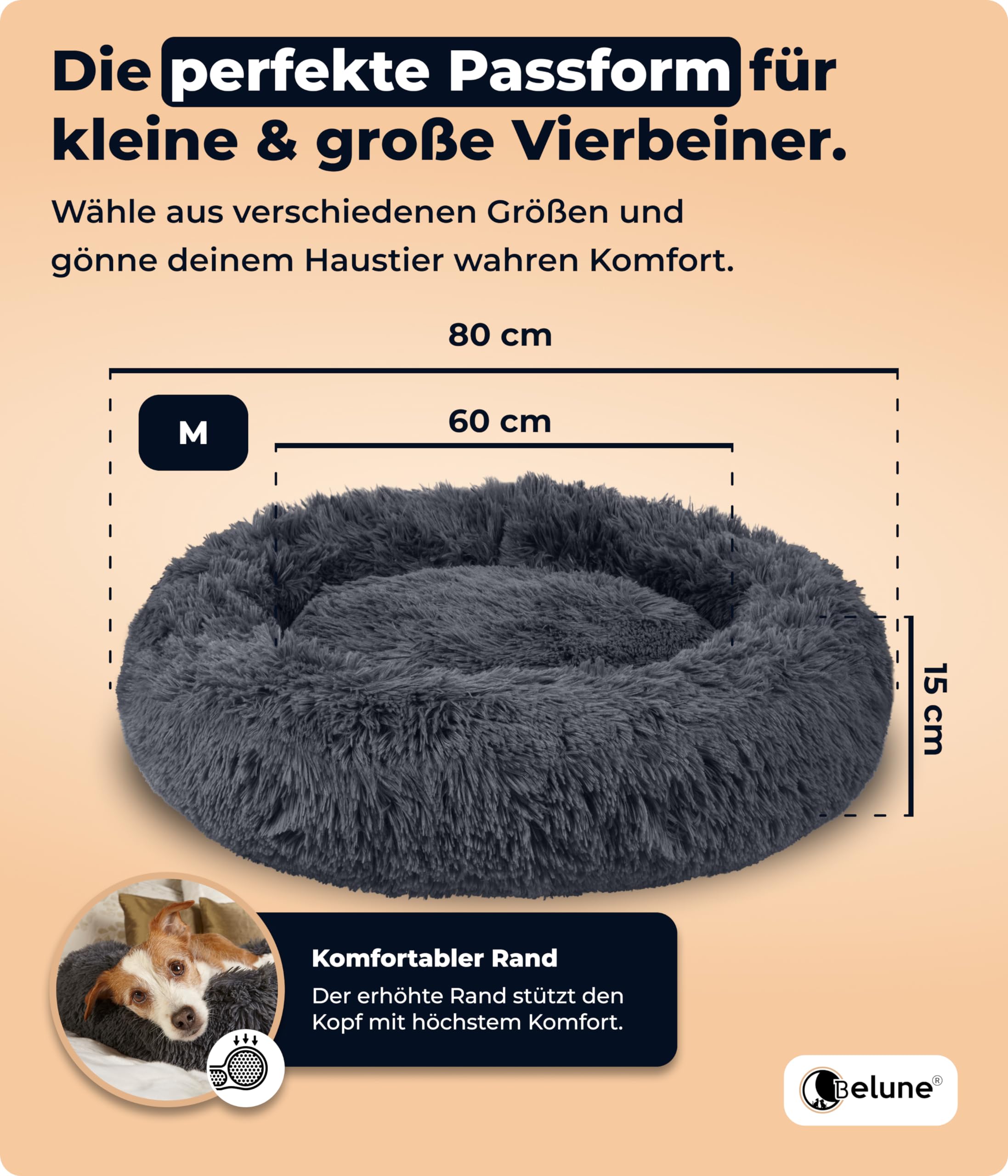 Belune® Hundebett [mit waschbarem Bezug] - Das Original - [M, 80cm, Dunkelgrau] Hundekorb, Katzenbett, Hundekörbchen, Dog Bed, Flauschiges Hundebett für große, mittelgroße & kleine Hunde