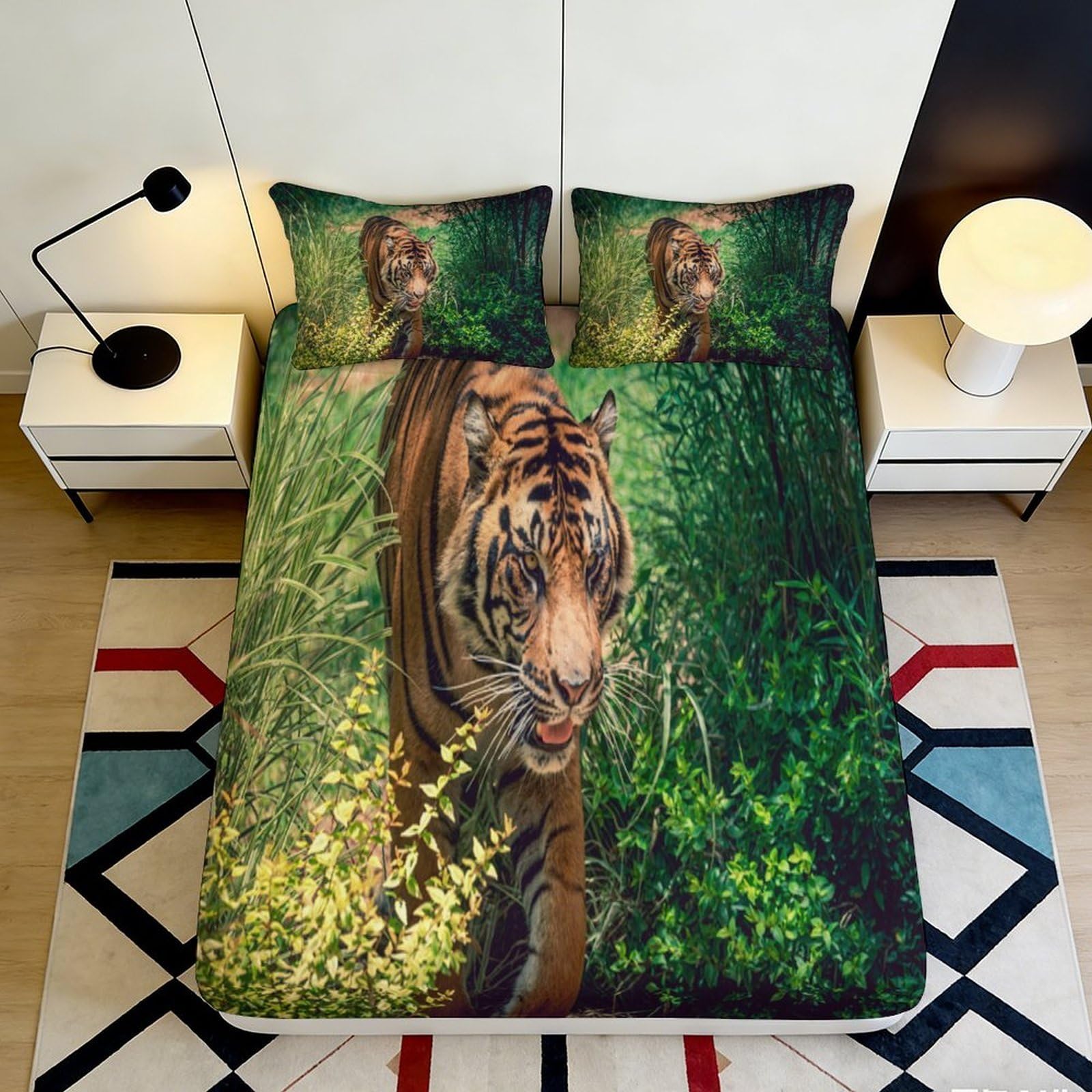 3D Printed Tiger Pattern Fitted Sheet Microfiber Soft Breathable Jungle Bed Cover for Bedroom Dormitory Guest Room Mattress Protection Decor 160x200x25cm