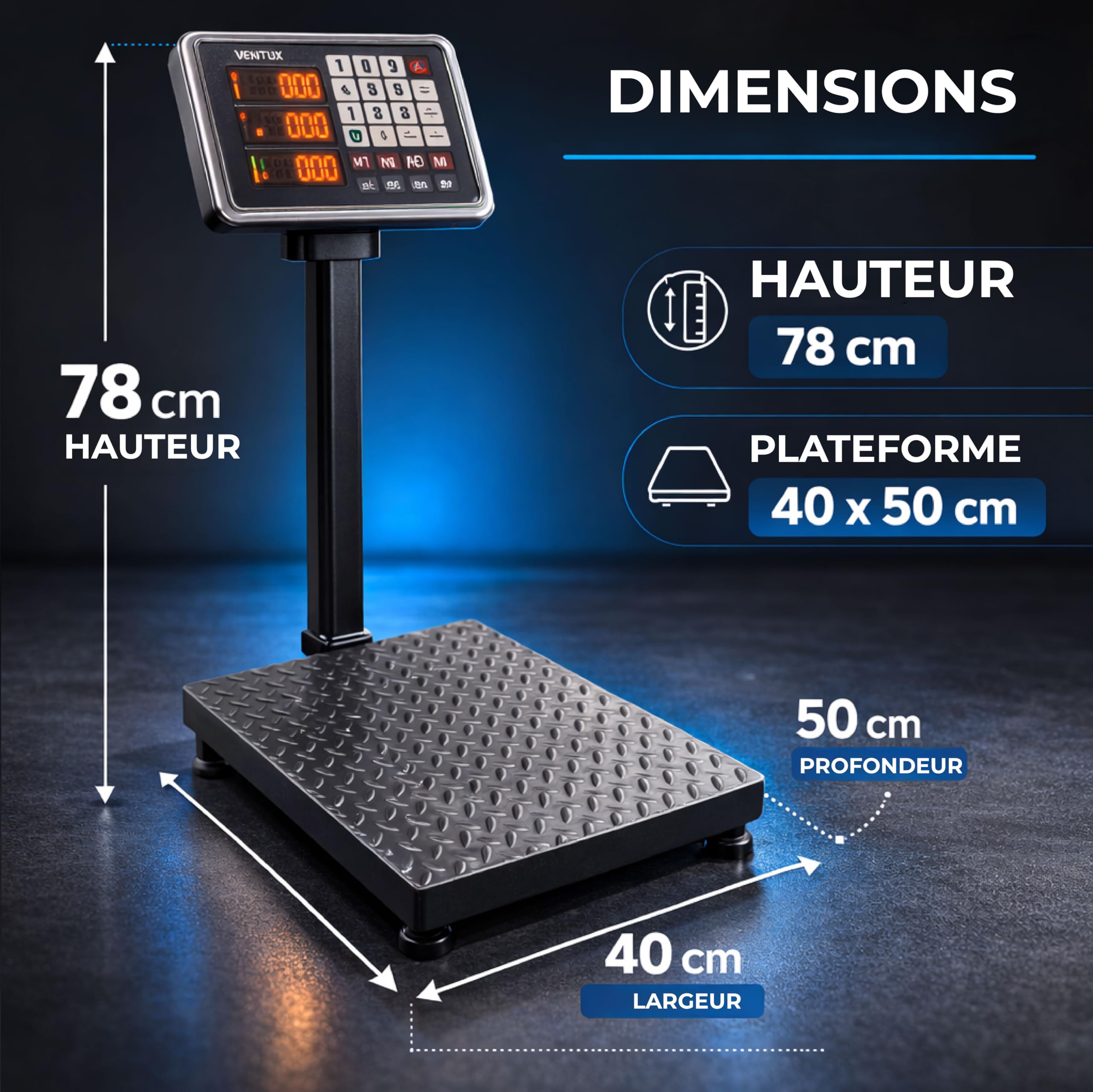Balance électronique 300 kg Division – 50 g LCD Mémoire prix | Écran séparé · Rétroéclairage · Double alimentation · Arrêt automatique · Conforme 2014/35/UE · ce