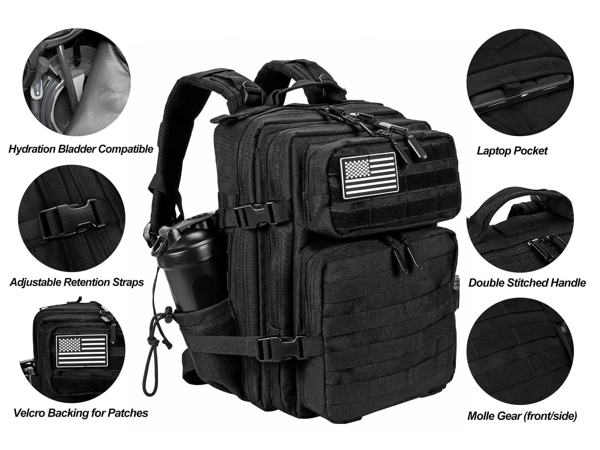 LHI Tactical Military Backpack for Men and Women 25L/35L Army Assault Pack Bag Small Rucksack with Bottle Holder