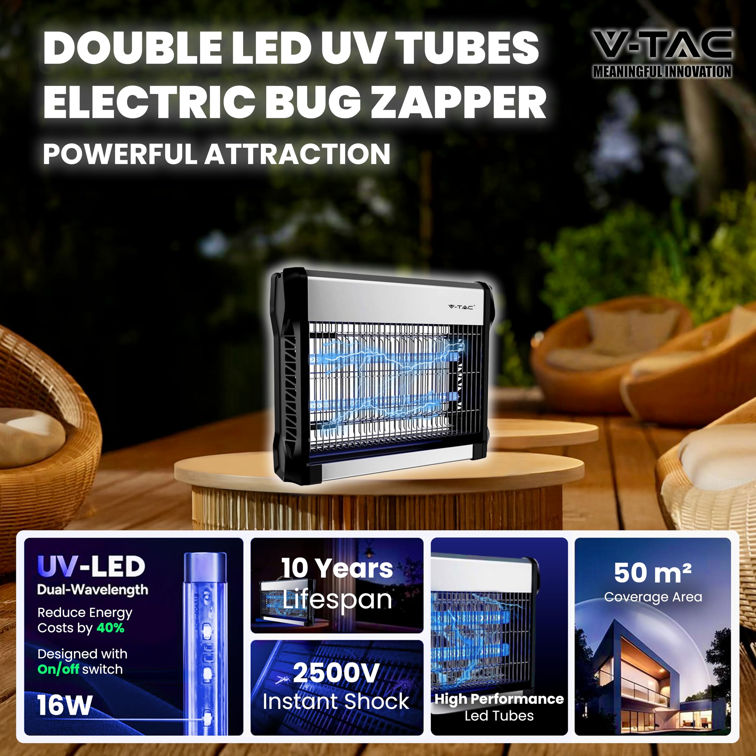 V-TAC Zanzariera Elettrica 16W con Area di Azione 50 m² - Design Sottile - Zanzariera con Luce Blu UV per Uso Interno ed Esterno - Trappola Elettrica contro Zanzare e Insetti - Potenza 16W