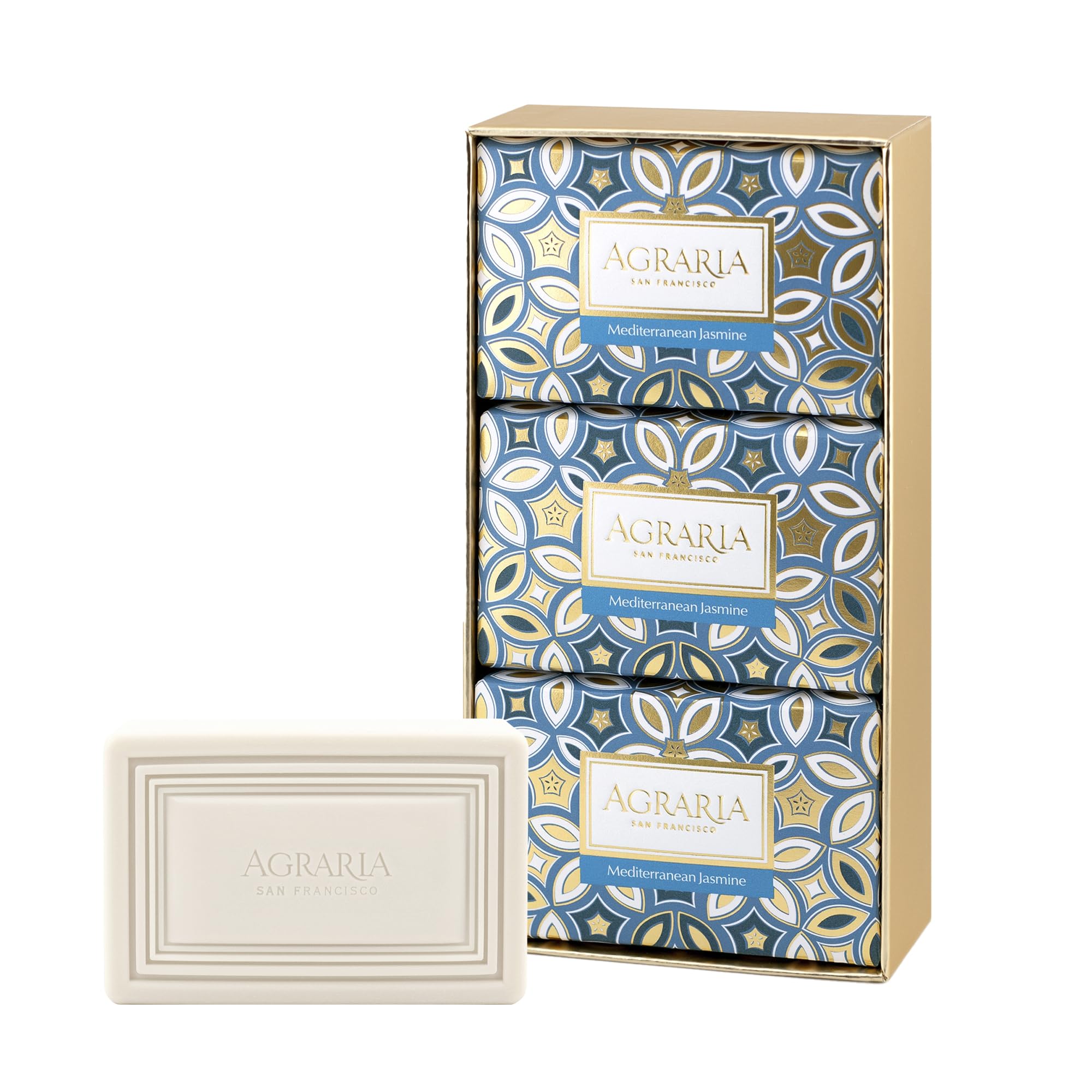 AGRARIA Luxury Bath Collection Mediterranean Jasmine Soap, Moisturizing Body Bar Soap, Shea Butter & Kukui Oil Infused Gift Bundle for Men and Women