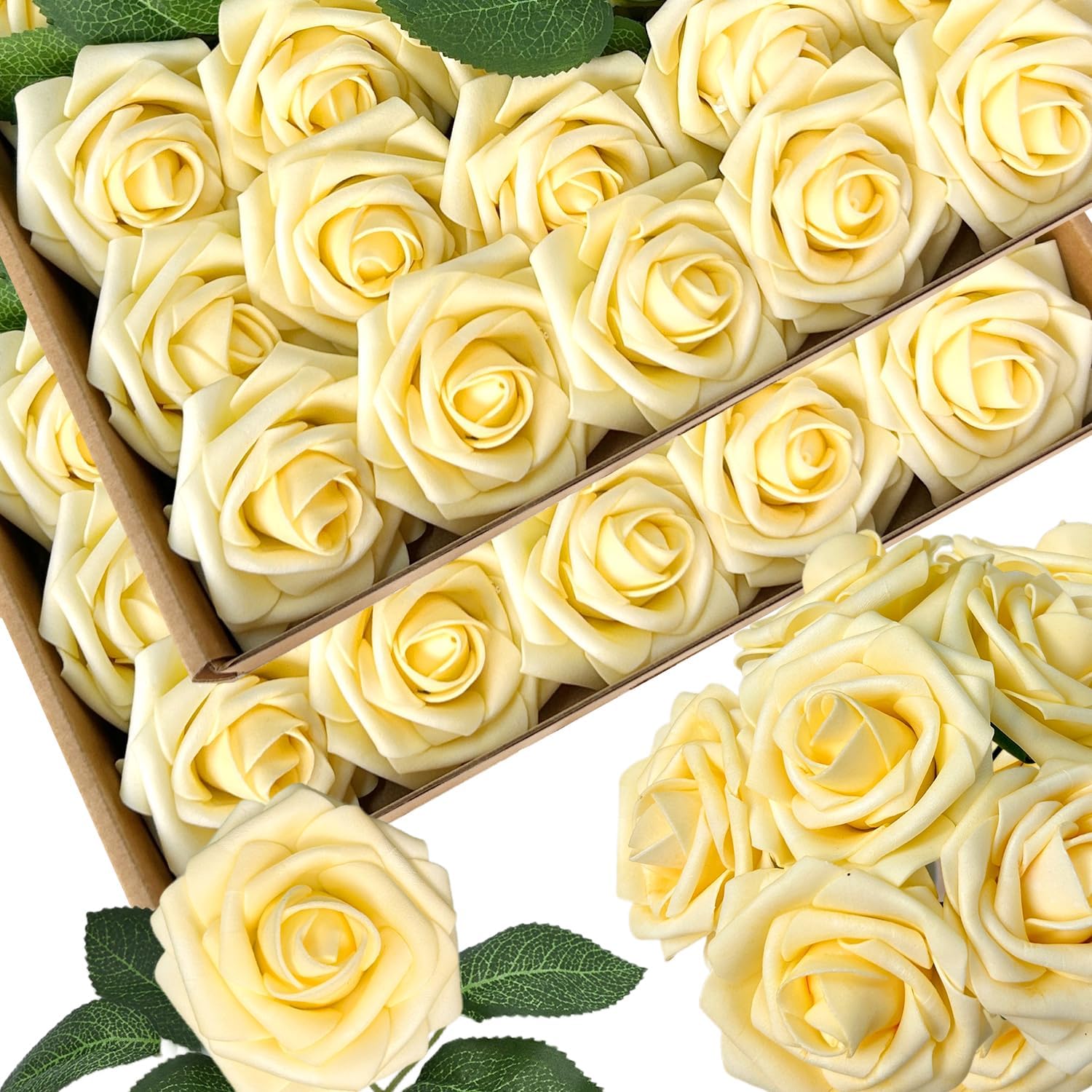 50pcs Artificial Flowers Light Yellow Foam Fake Rose with Stems 12 Leaves Real Looking Faux Roses Wedding Bouquets Bridal Shower Centerpieces Arrangements Party Tables Decorations DIY Creamy Yellow