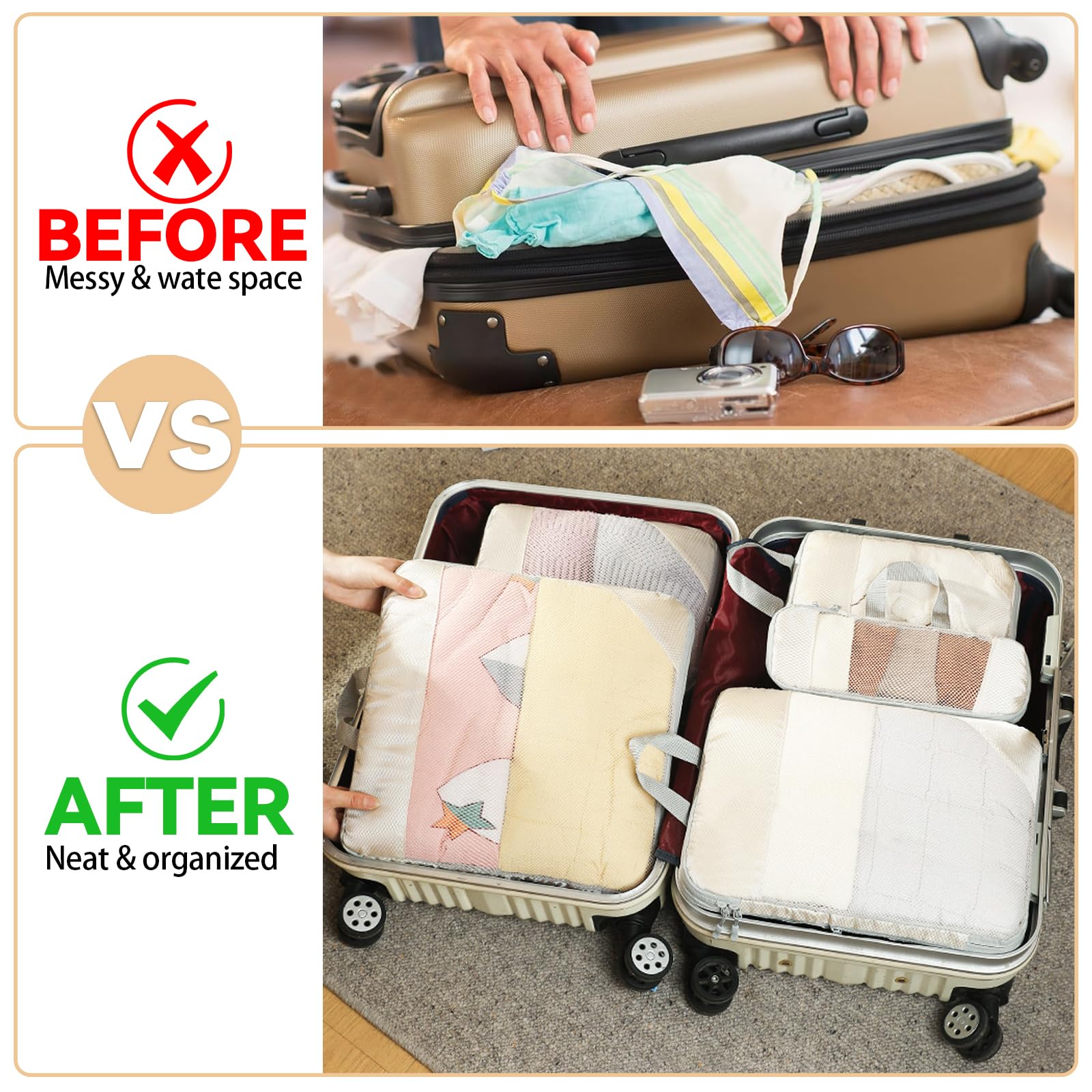 Organizer Valigia 8 Pezzi Set, Packing Cubes Compression Organizzatori Valigia Viaggio Vacanze e Viaggi, Organizer Valigie Set, organizer valigia salvaspazio(Beige)