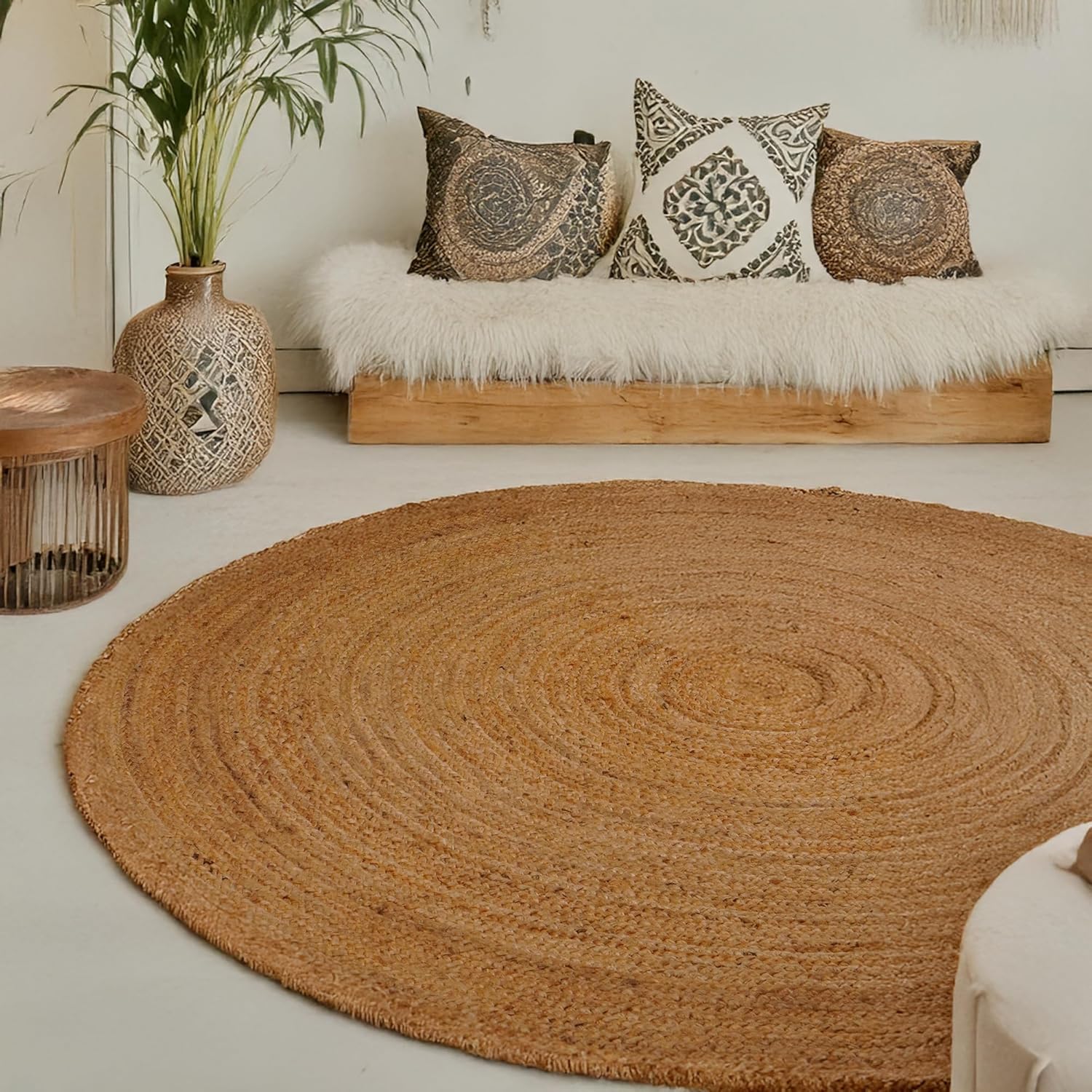 5 feet Jute Hand Woven Area Rug, Reversible, Rectangular, Solid Farmhouse Design, Natural Fiber, for High Traffic Areas, Bedroom, Living Room, Dining Room, Hallway, Office, Kitchen.