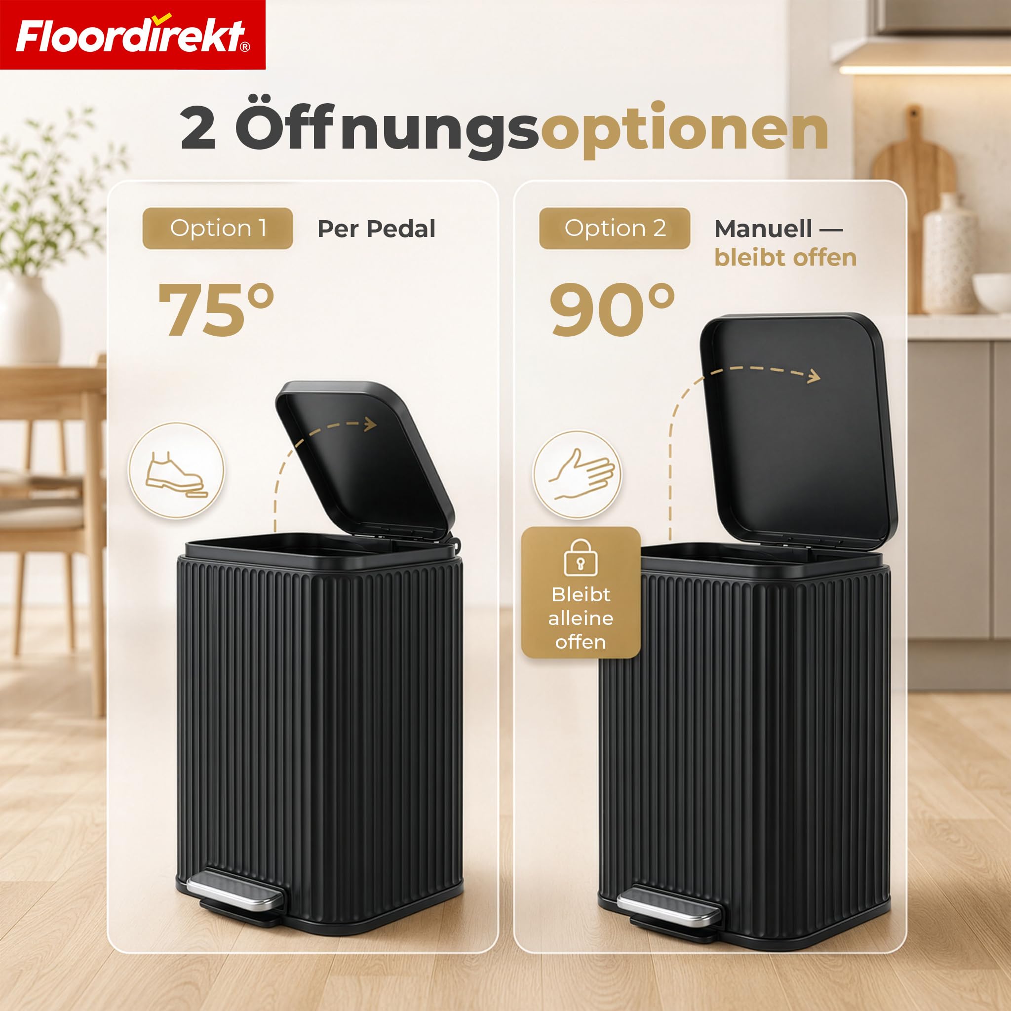 Floordirekt Mülleimer Küche, Liter, Abfalleimer, Treteimer, mit Deckel, Softclose, Fußpedal, Stahl, Inneneimer | Miles | Schwarz | 50 L