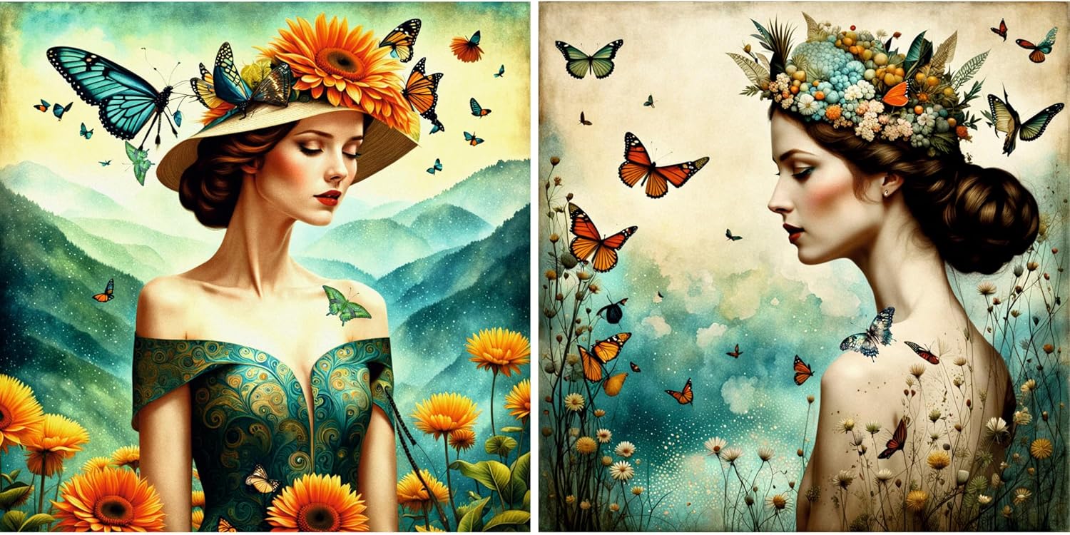 Ladies and Butterflies Rice Paper, 11.5 x 11.5 inch (2 pc) - 2X Surreal Women for Furniture Poster Craft Decoupage by CRAFT KREATIVELY