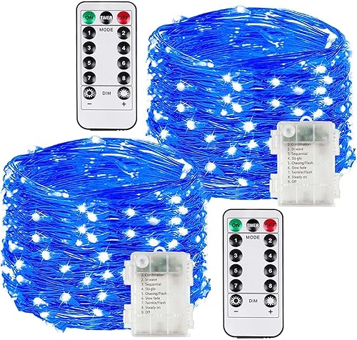 Paquete de 2 luces de hadas de 33 pies con 100 luces LED a pilas con control remoto, impermeable, luces parpadeantes de Navidad con temporizador,