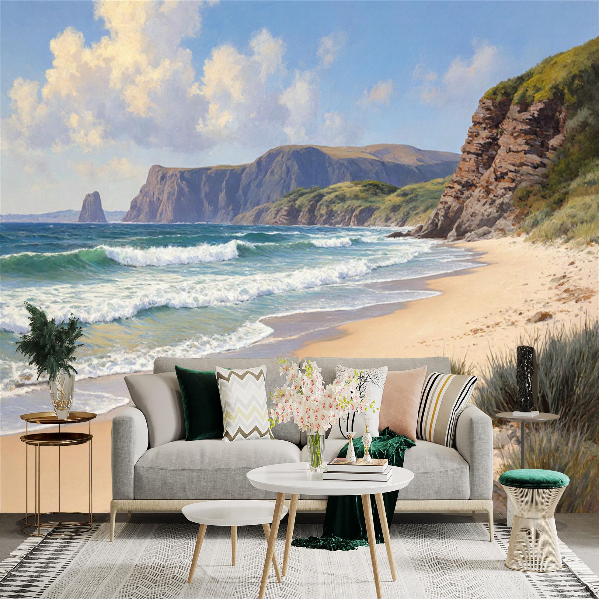 Lnzczhyre Xc260505781 Custom Size Wall Sticker Mural， Scenic Coastal Landscape， Ocean Waves And Sandy Beach， Rocky Cliffs And Blue Sky， For Wall Decoration， Peelandstick Wall Decals.