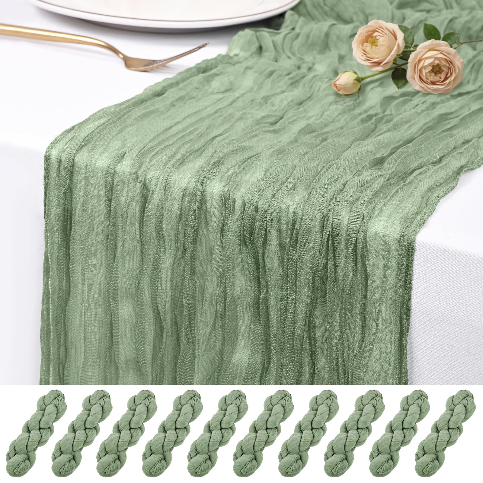 Photo 1 of 10 Pack Sage Green Cheesecloth Table Runner 17x108 Inch Semi Sheer Boho Rustic Gauze Cheese Cloth Table Runners for Wedding Party Birthday Baby Shower Home Décor