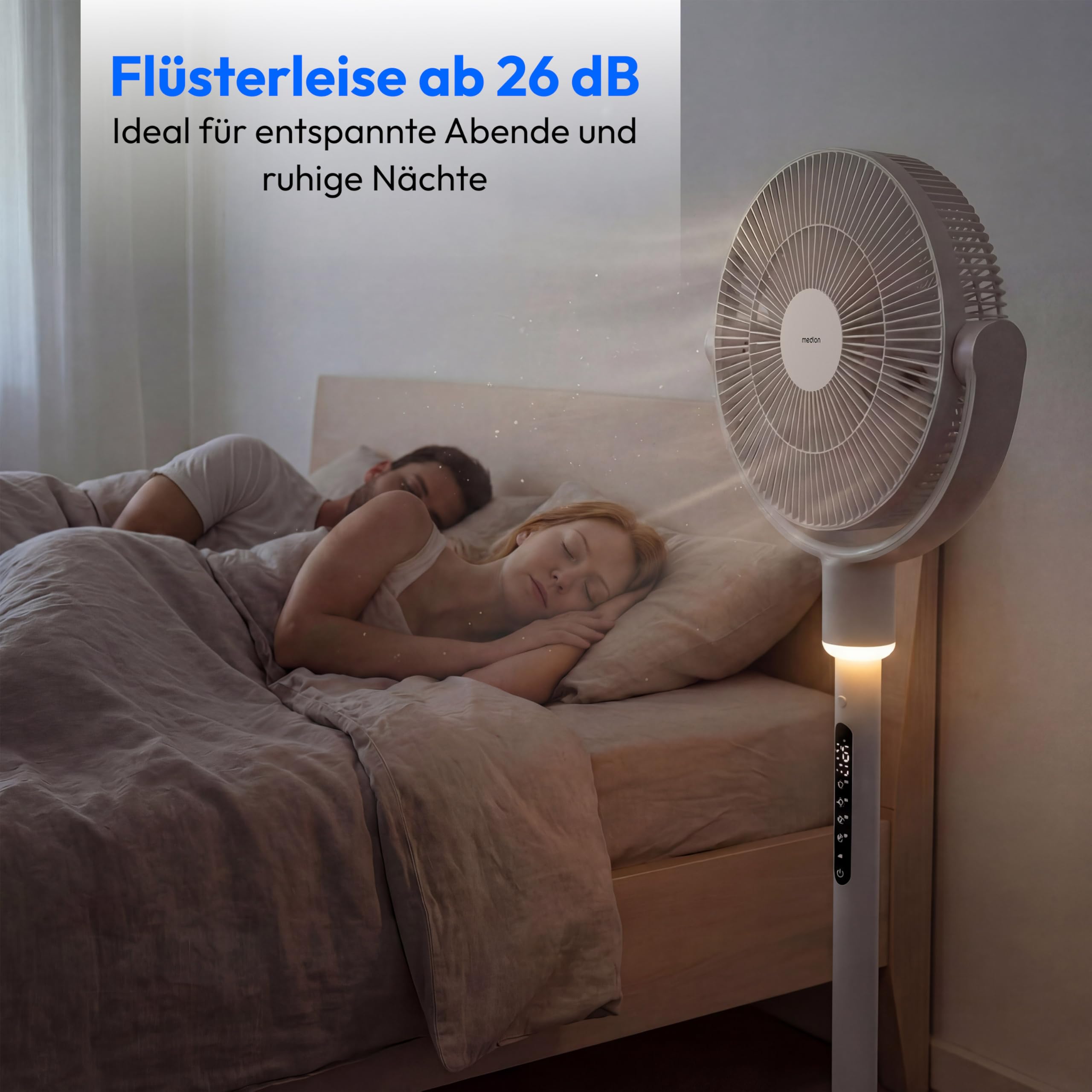 MEDION Standventilator mit Akku P25 SF - Ventilator groß, Fernbedienung, 26dB sehr leise, kabelloser Betrieb, flexibel einsetzbar, höhenverstellbar, 10 Stufen, 24 Watt, 350° Oszillation, Nachtlicht