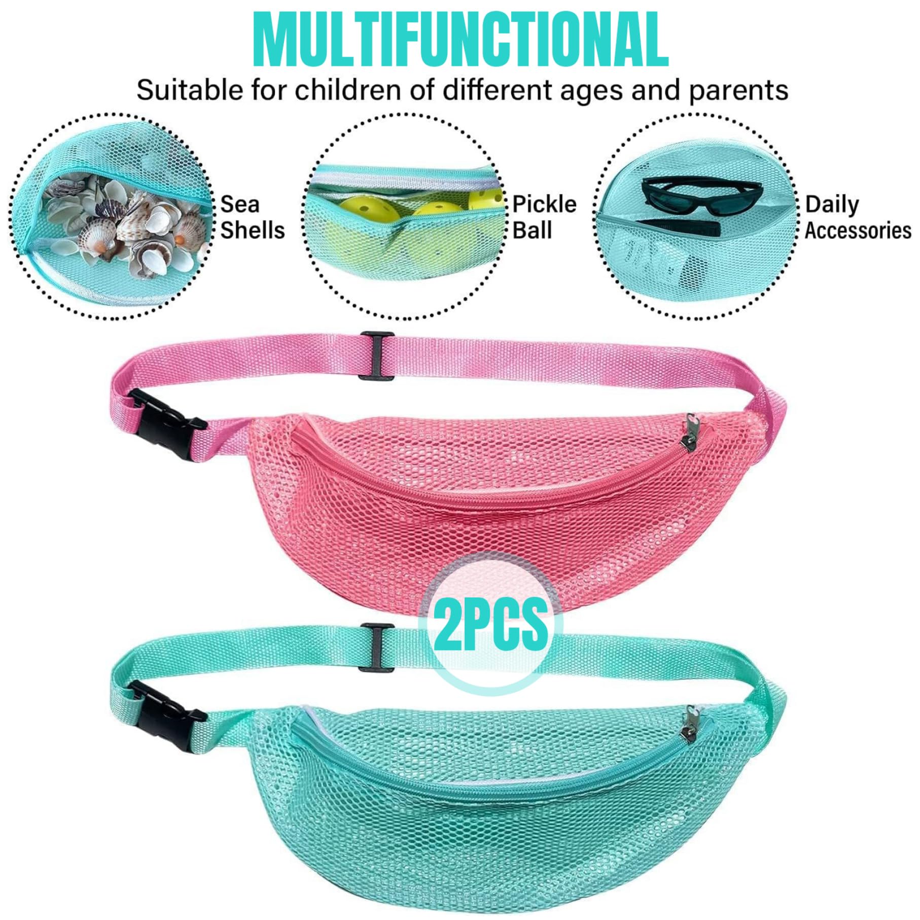 Borsa Conchiglia per Bambini, 2 Borse da Spiaggia in Rete Borsa per Giocattoli da Spiaggia con Cerniera e Tracolla Regolabile, Borse da Raccolta Conchiglie in Vita per Ragazzi e Ragazze