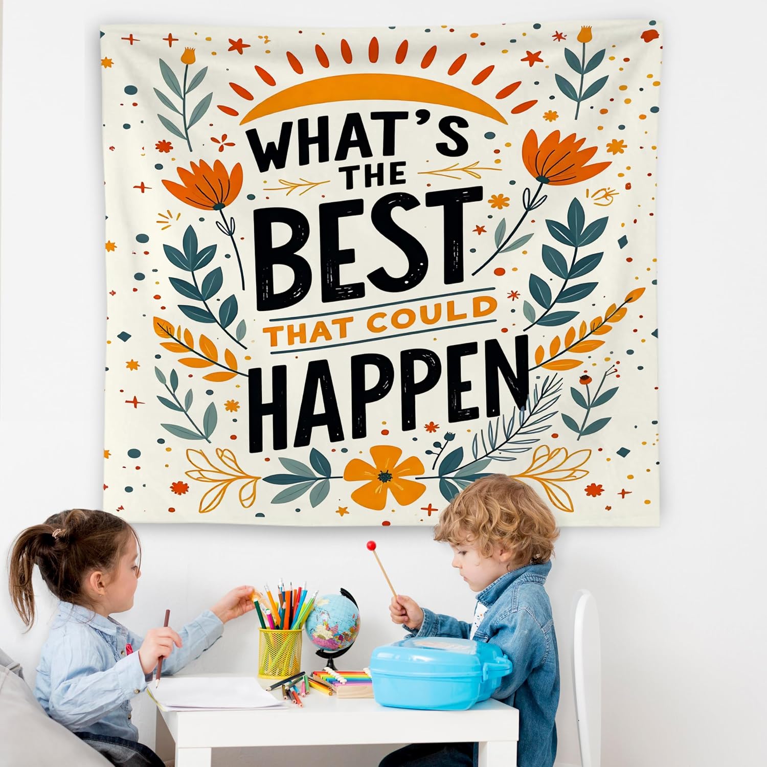WNAGT What's the Best That Could Happen Motivational Tapestry Wall Hanging, Floral Positive Affirmations Inspirational Quote Wall Blanket Decor for Kitchen Home Bar, 50x60 Inch
