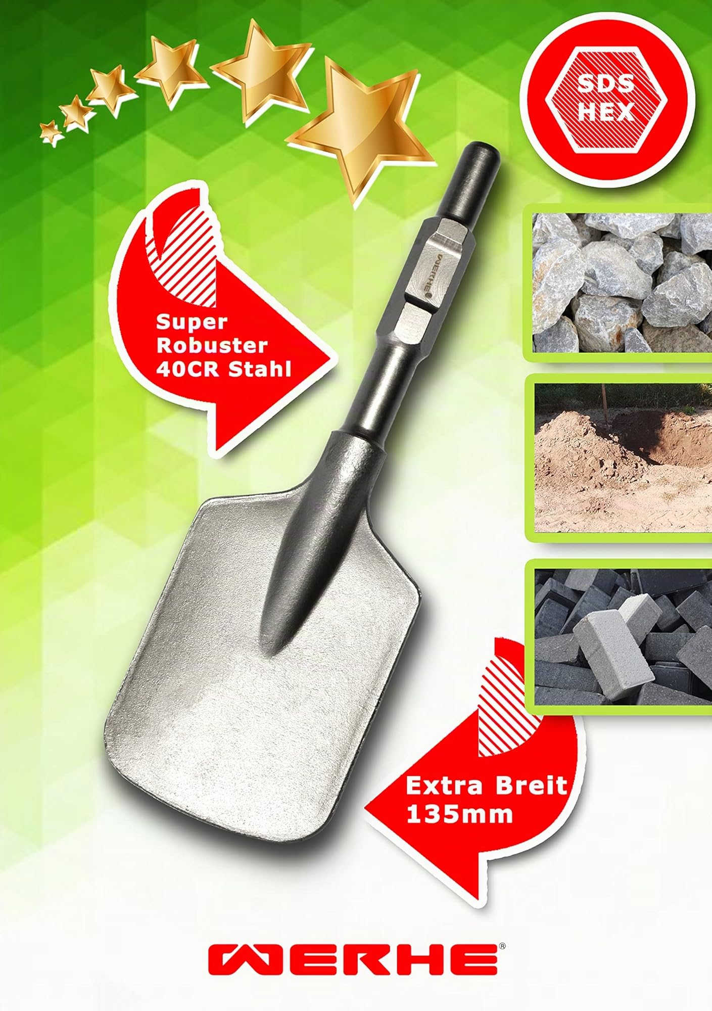 WERHE Profi SDS HEX Schaufelmeißel 135 x 410 mm – Robuster Meißel für Abbruchhammer – Beton & Wurzeln