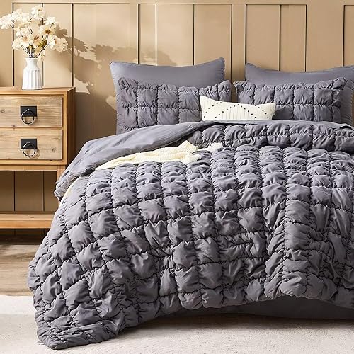 Jameswish Grey Comforter Set Queen Size Bed in A Bag 7 Piece Pinch Pleat Bedding