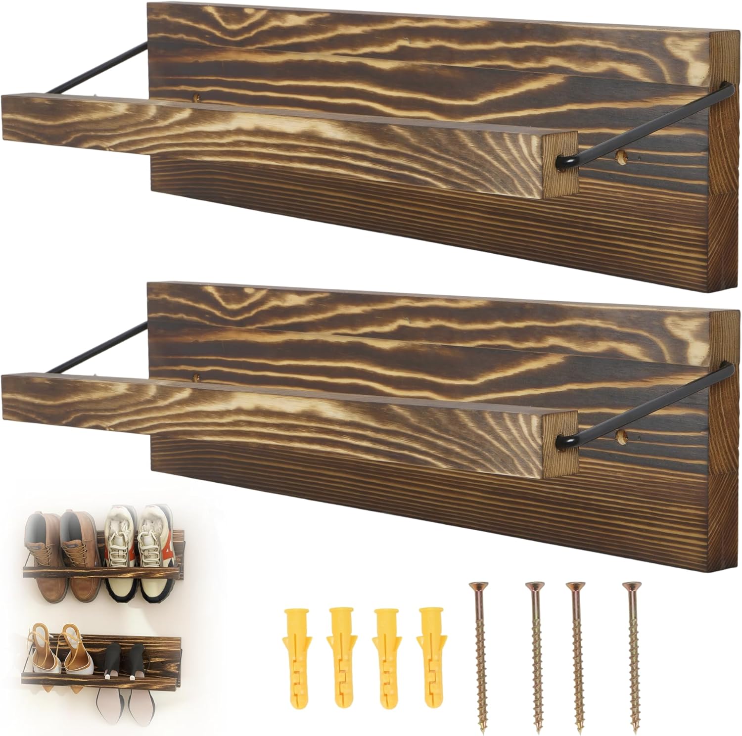 lesolar 2Pcs Wall Mounted Shoe Rack 20 Inches, Wooden Wall Shoe Organizer Hanging, Space Saving Shoe Boots Holder Storage for Sneaker Footwear Slipper Boots, fit for Narrow Spaces Entryways Hallways