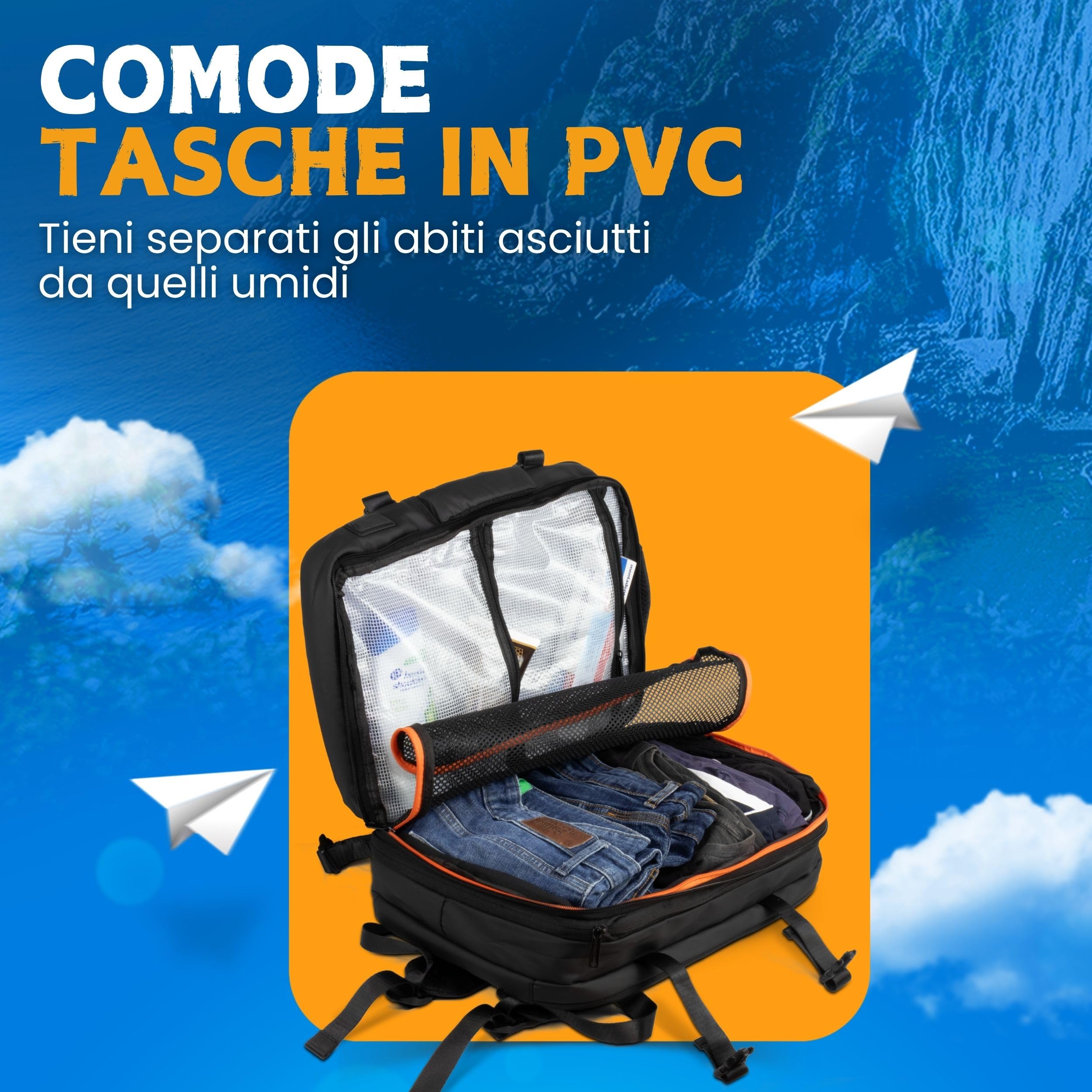 O H N O - Mochila de viaje Ryanair expandible impermeable y antirrobo - Mochila de viaje avión equipaje de mano con puerto USB y compartimento para PC - Mochilas para avión, trabajo y universidad,