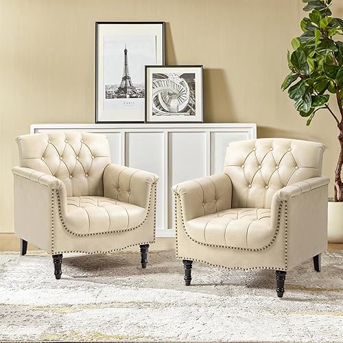 Miniatura 6 de Pia Ricco Silla decorativa moderna copetuda, sillón individual de piel sintética con ribete de cabeza de clavo y patas de madera, cómodo asiento