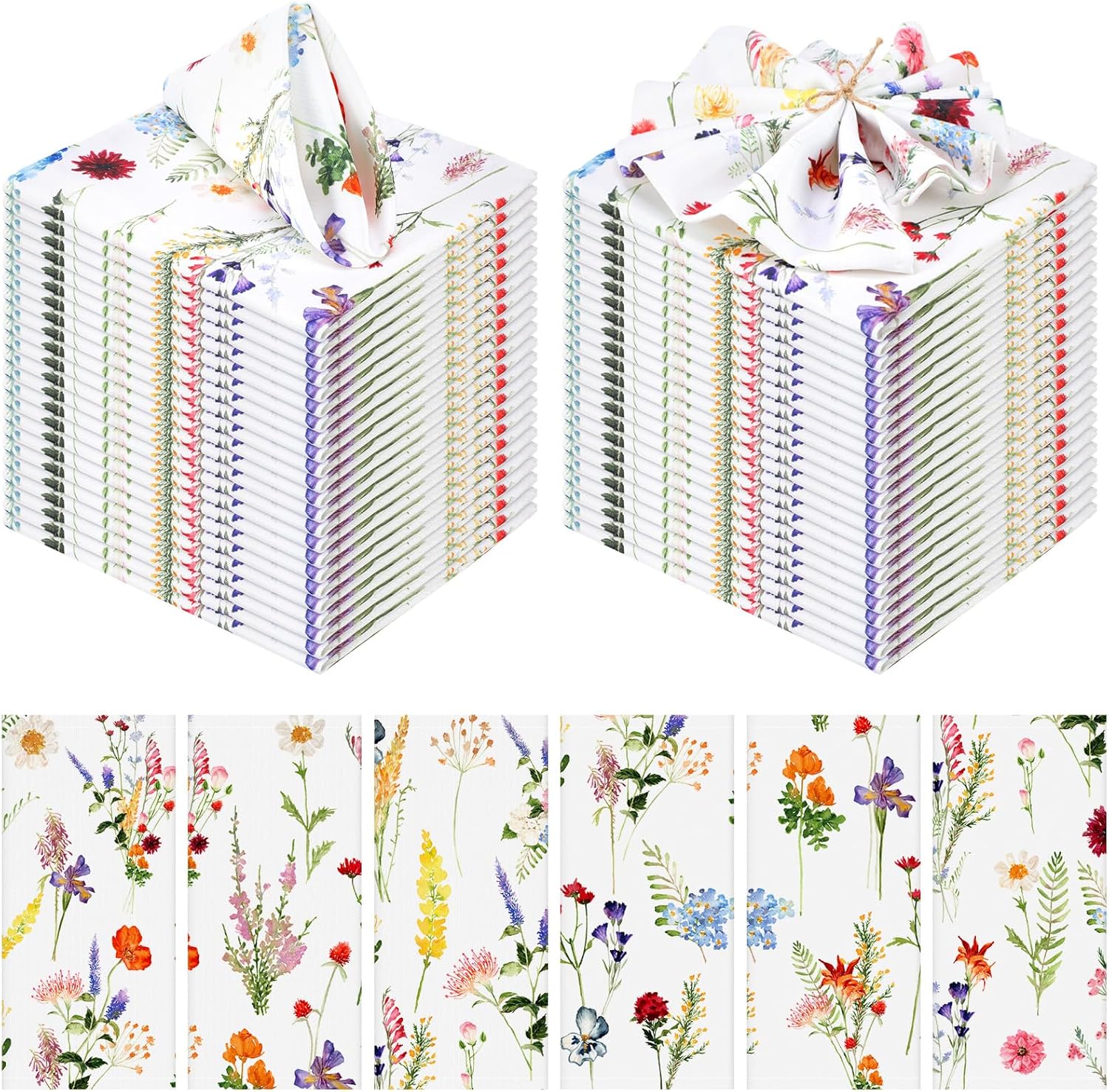 24 Pcs Wedding Cloth Napkins 15 x 15 Inch Reusable Soft Fabric Flowers Plants Napkins Square Washable Dinner Decorative Towel for Spring Summer Tea Theme Party Wedding(Retro)