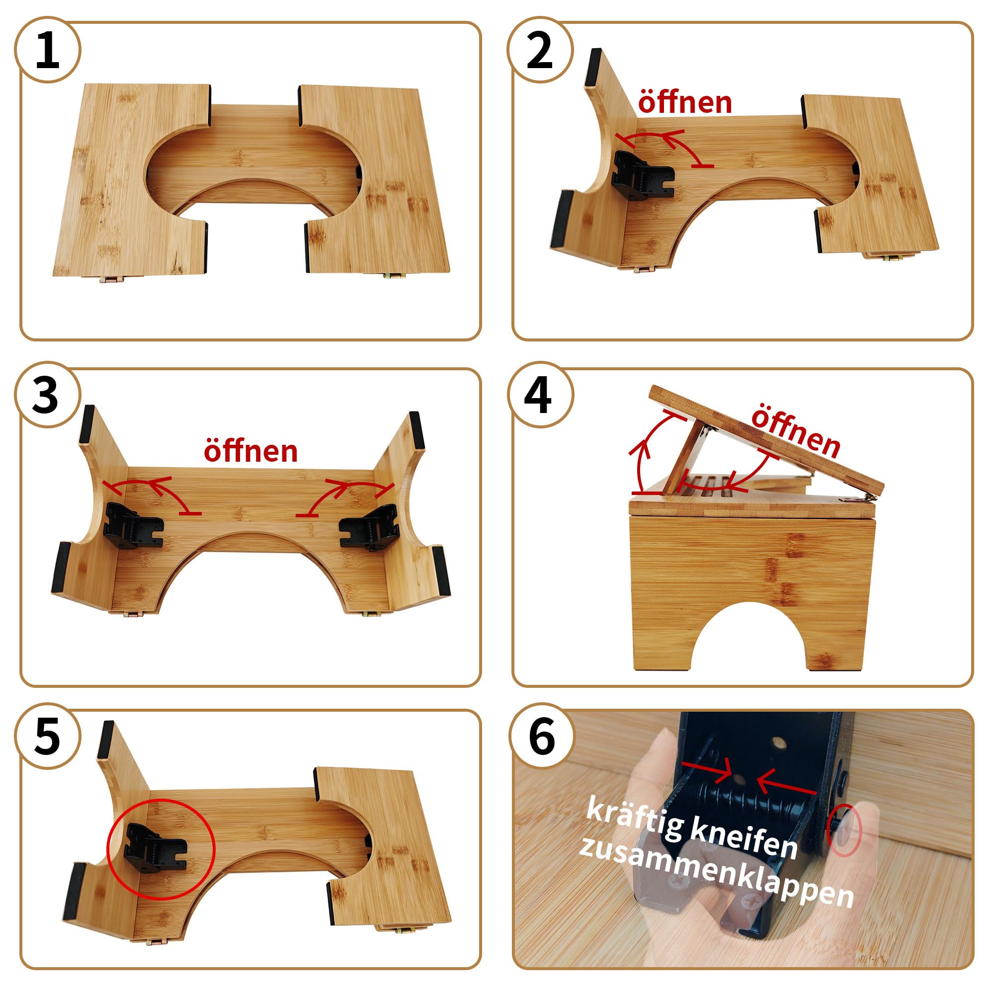 Sgabello WC pieghevole in bambù – Sgabello ergonomico per bagno con 4 marce regolazione dell'inclinazione (18 – 27 cm), antiscivolo, pieghevole, per adulti e bambini