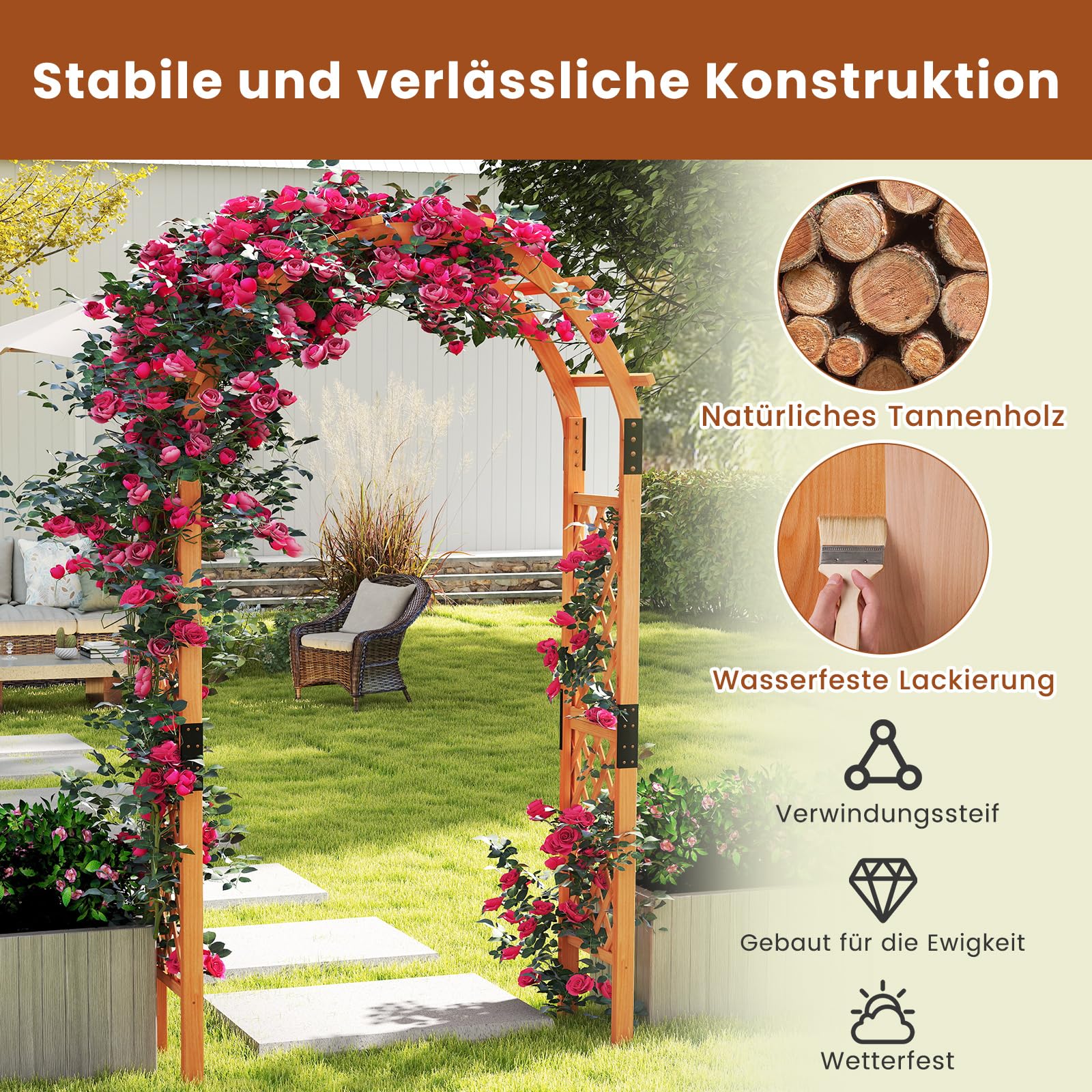 COSTWAY Drewniany łuk do roślin pnących, łuk ogrodowy do roślin pnących, pergola, podpora dla roślin pnących, kratka dla roślin pnących, półłuk do ogrodu, na wesele, imprezę, drewno jodłowe, 132 x