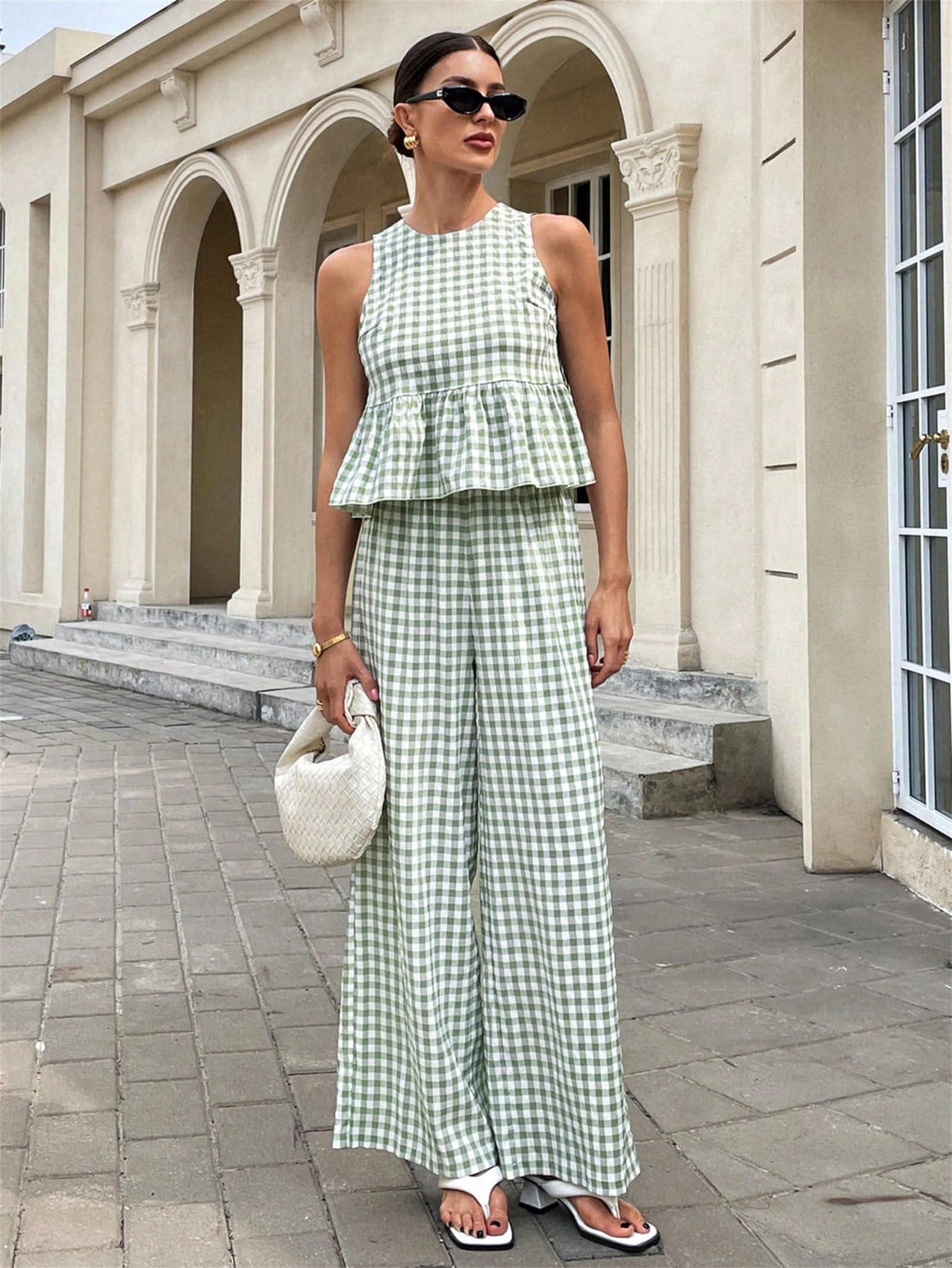 Ensembles à carreaux 2 pièces pour femme, haut et pantalon à volants à dos ouvert, ensemble de salon de vacances pour femme