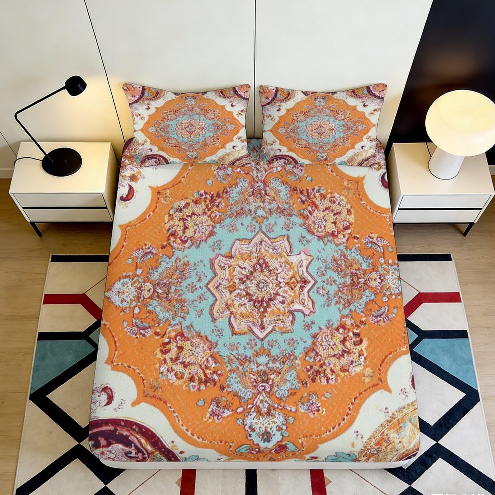 3D Printed Boho Mandala Fitted Sheet Microfiber Soft Orange Blue Paisley Mattress Cover for Bedroom Dorm Decor 90x200x25cm