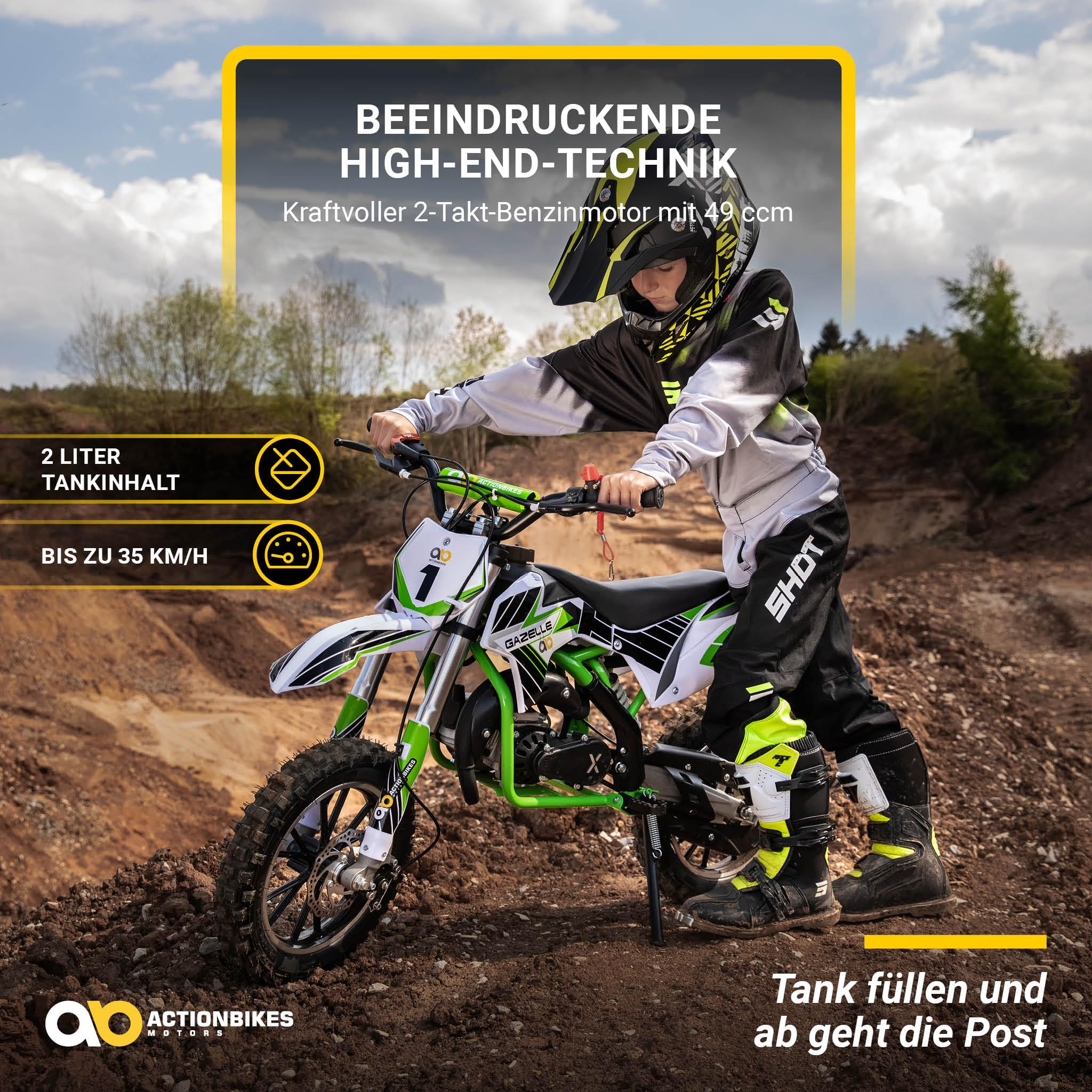 Actionbikes Motors Kinder Crossbike Gazelle | 2-Takt 49 CCM Motor bis 𝟑𝟓 km/h - Motorrad - Pocket Bike - Dirt Bike - Motocross - Pocketbike - Motorsport - Dirtbike - Enduro ab 8 Jahren