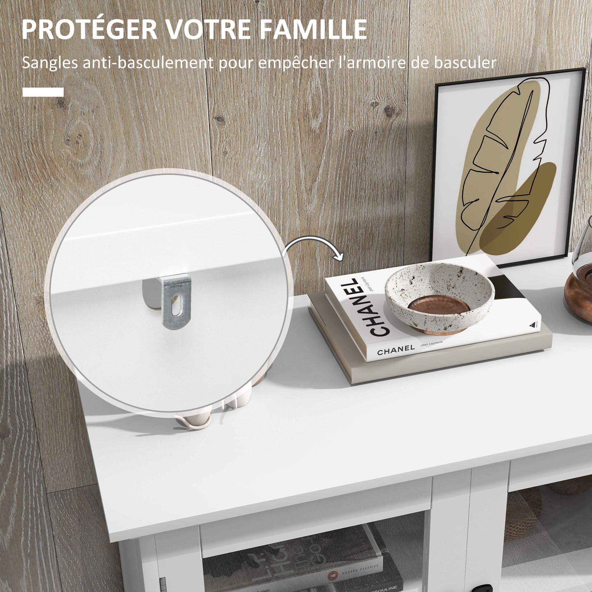 HOMCOM Buffet de Cuisine Armoire de Cuisine contemporaine Multi-rangements 2 placards, Portes en Verre, 4 étagères en Bois Blanc